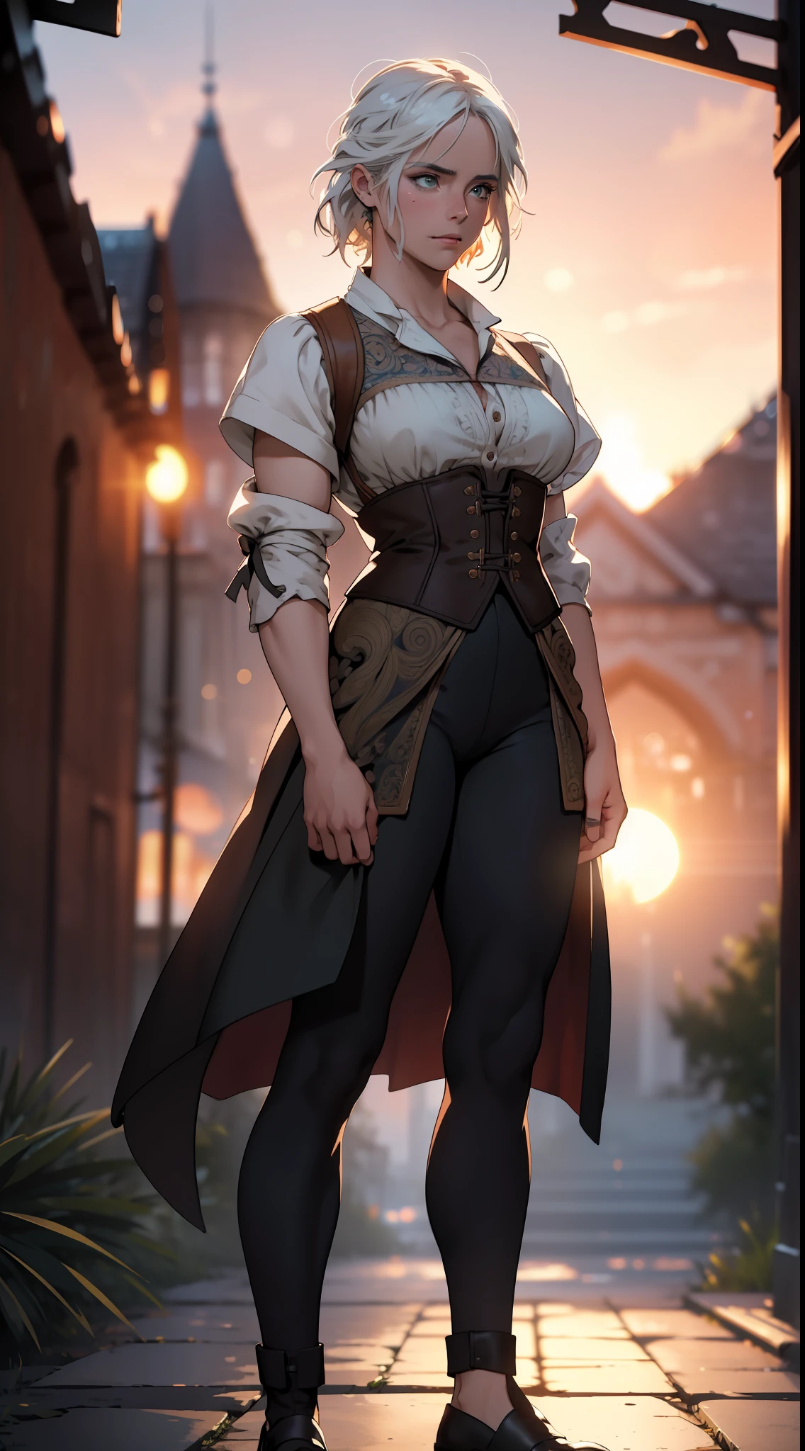 (anime) . ((masterpiece), (extremely intricate:1.3), (realistic), photo of ciri_w3, ciri_w3_outfit, 4k, highly detailed, the most beautiful in the world, white hair, (neon green eyes:0.6), full body, outdoors, far away castle, professional photograph of a stunning woman detailed, sharp focus, dramatic, award winning, cinematic lighting, volumetrics dtx, (film grain, blurry background, blurry foreground, bokeh, depth of field, sunset, motion blur:1.3), 4k, 8k, hd, hdr,)