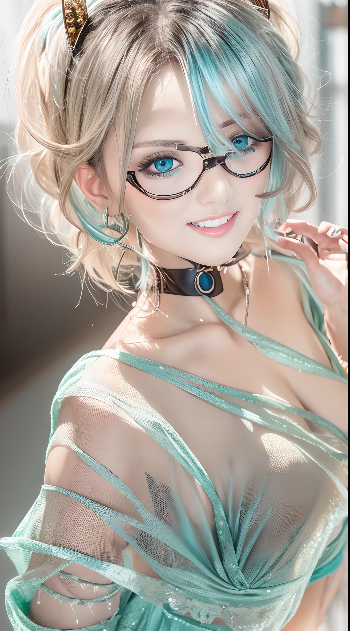 Blonde hair,Colored inner hair, Asymmetrical hair, hair on one eye, Shiny hair, forehead mark, rimless eyewears, Gradient eyes, aqua eyes, Seductive smile, torogao, Reflectors, From below, Eye level shots, Cinematic lighting, High detail, 16k, 1080p, A high resolution, Best quality, Textured skin low-cut dress