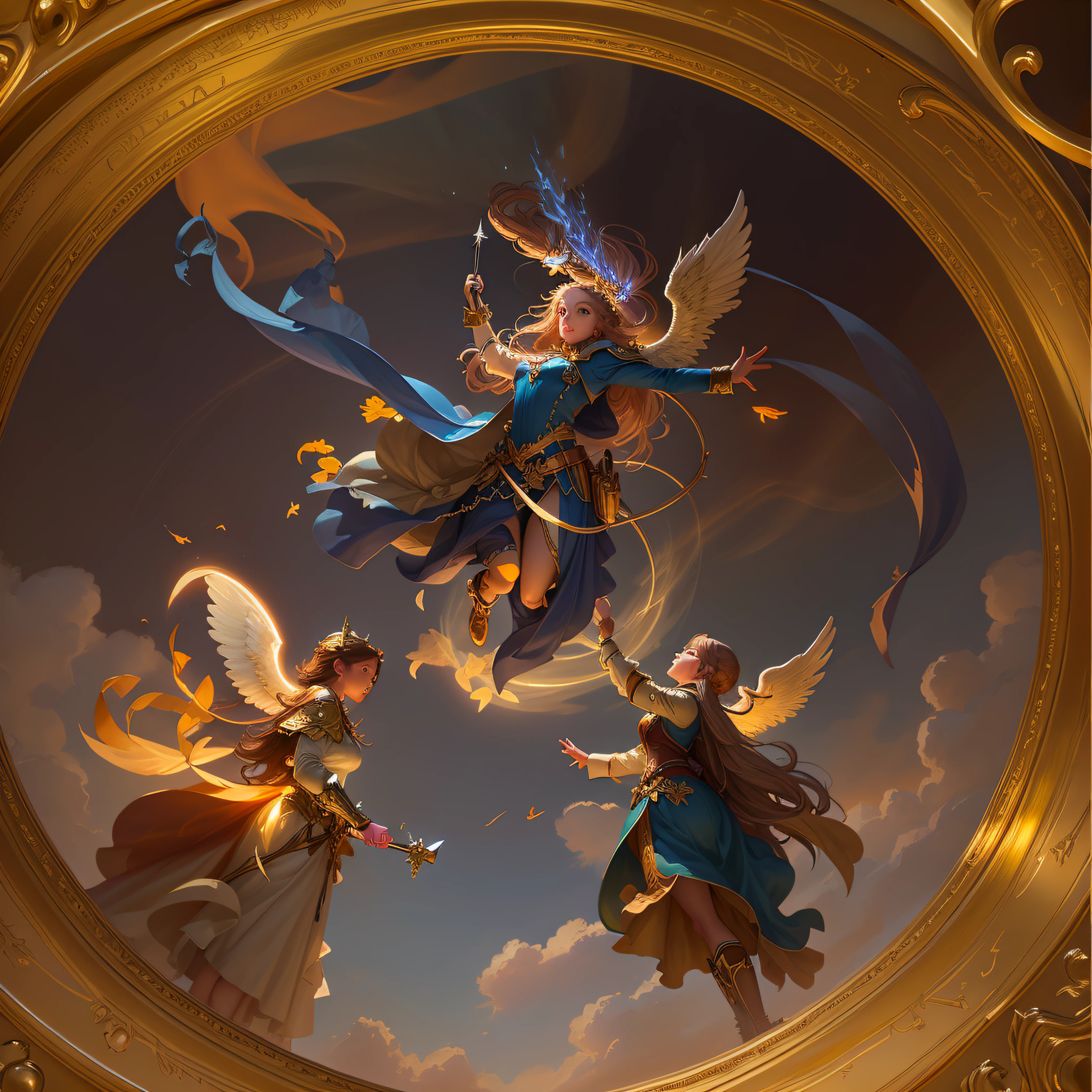 There are three angels flying in the sky above the golden frame, author:Jeremy Chang, full art, by Yang J, artgerm julie bell beeple, concept art magical highlight, by Cynthia Sheppard, wlop and RHADS, author:Caroline Chariot-Dayez, full of paintings of angels, In the art style of Mohrbacher, holy fire spell art,In the upper corner there was a little angel with a bow and arrow in his hand