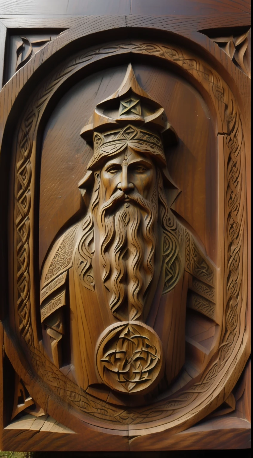 (((Pre-Raphaelite Celtic painting a rustic god carved in wood, ao fundo um grande carvalho, paisagem celta)))