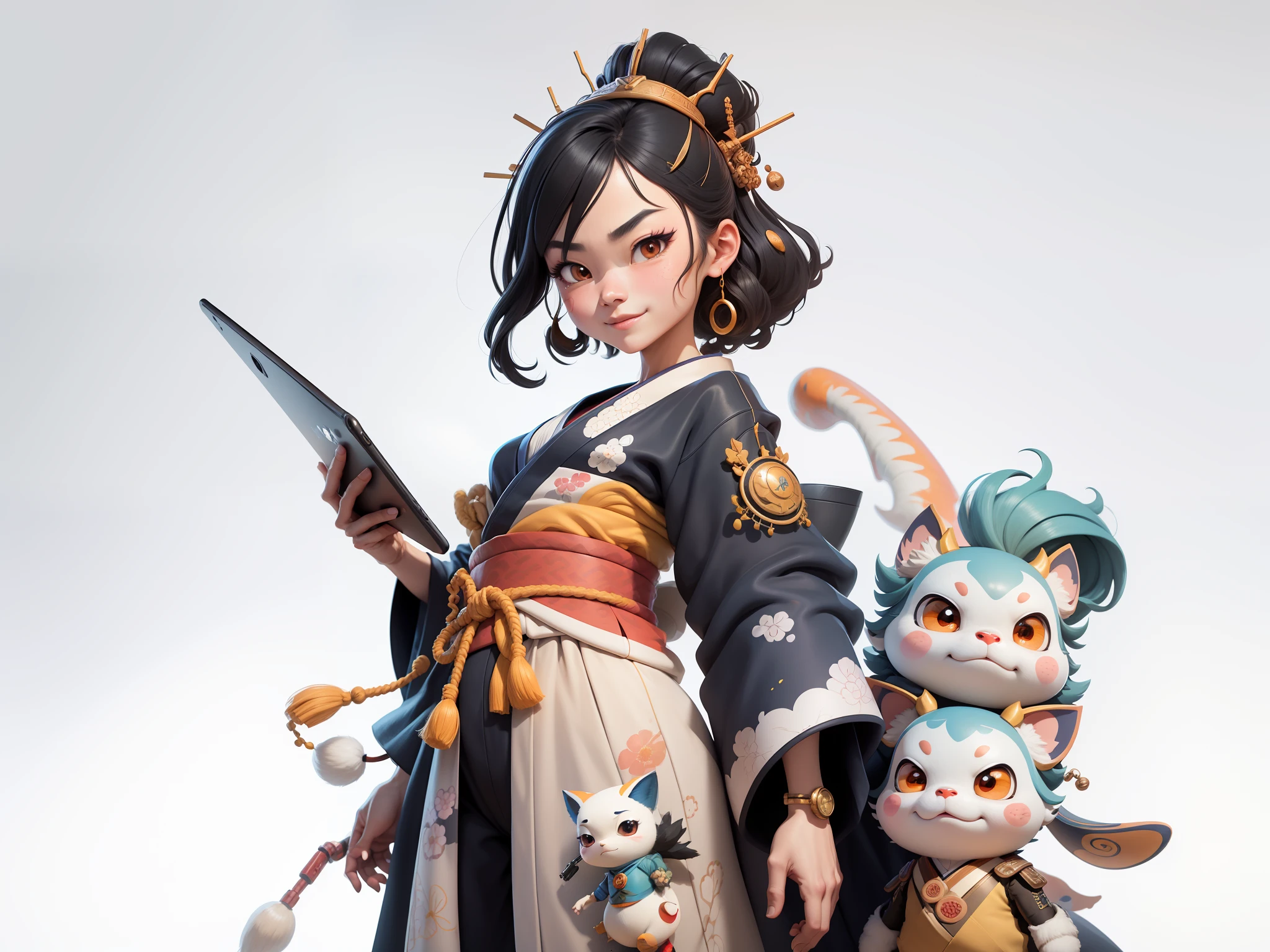 (Daisaku),(Need),(Super meticulous),(full bodyesbian:1.2),Japanese ukiyo-e girl,japanese geisha,Beautiful,Oriental dragon,Aeolian Thor,Raised sexy,爆乳,Oriental face,TV Anchor,Bust portrait illustration,Alone,In black suit,a blue tie,The face is slightly chubby,The face was clean,without a beard,Black super short hair,Black eyes,Smile confidently,3C computer sub-products,iPad, iphone,Digital painting,3D character design by Mark Clairen and Pixar and Hayao Miyazaki and Akira Toriyama,The illustration is a high-definition illustration in 4K resolution,With very detailed facial features and cartoon-style visuals。