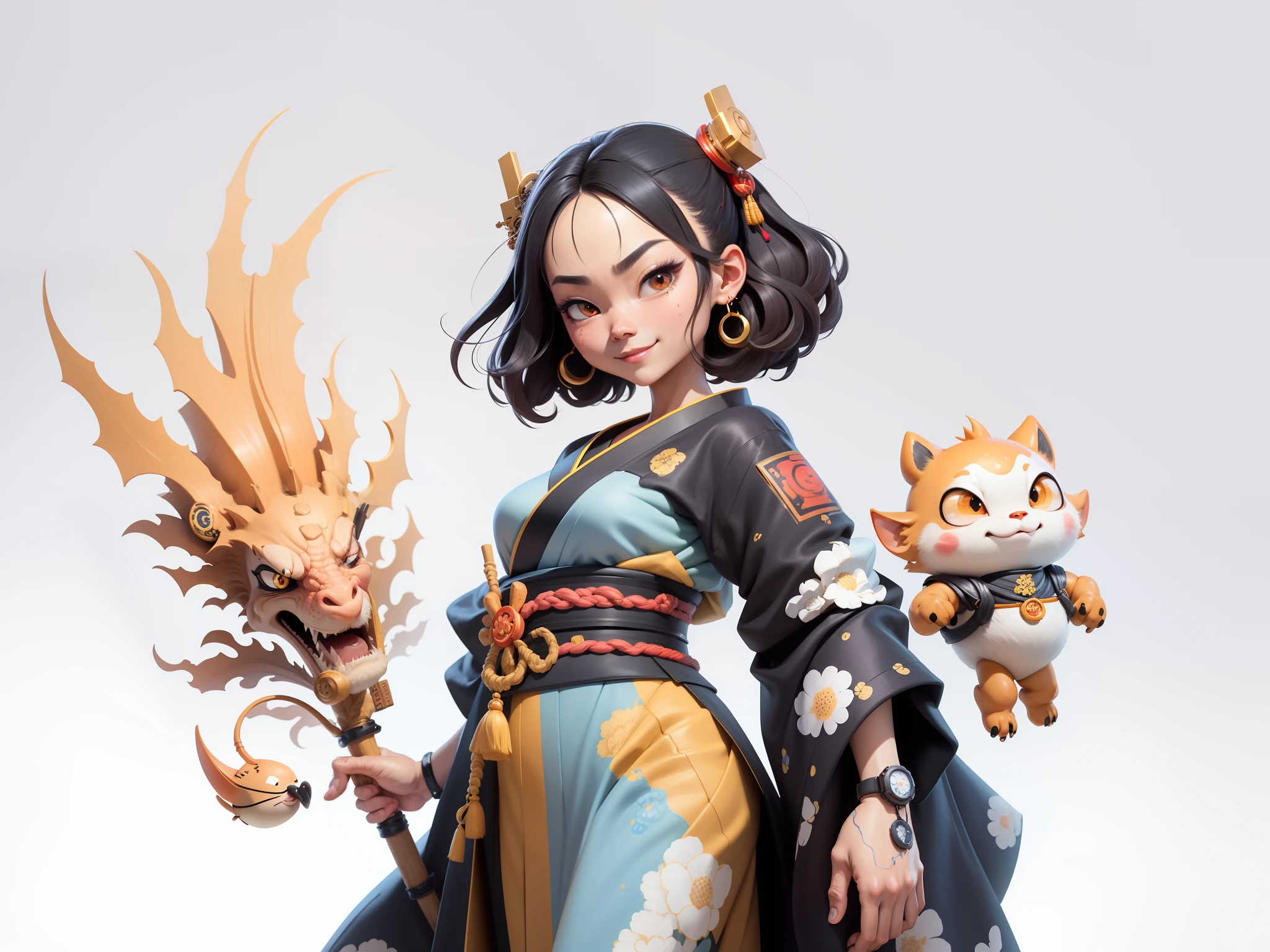(Daisaku),(Need),(Super meticulous),(full bodyesbian:1.2),Japanese ukiyo-e girl,japanese geisha,Beautiful,Oriental dragon,Aeolian Thor,Raised sexy,爆乳,Oriental face,TV Anchor,Bust portrait illustration,Alone,In black suit,a blue tie,The face is slightly chubby,The face was clean,without a beard,Black super short hair,Black eyes,Smile confidently,3C computer sub-products,iPad, iphone,Digital painting,3D character design by Mark Clairen and Pixar and Hayao Miyazaki and Akira Toriyama,The illustration is a high-definition illustration in 4K resolution,With very detailed facial features and cartoon-style visuals。