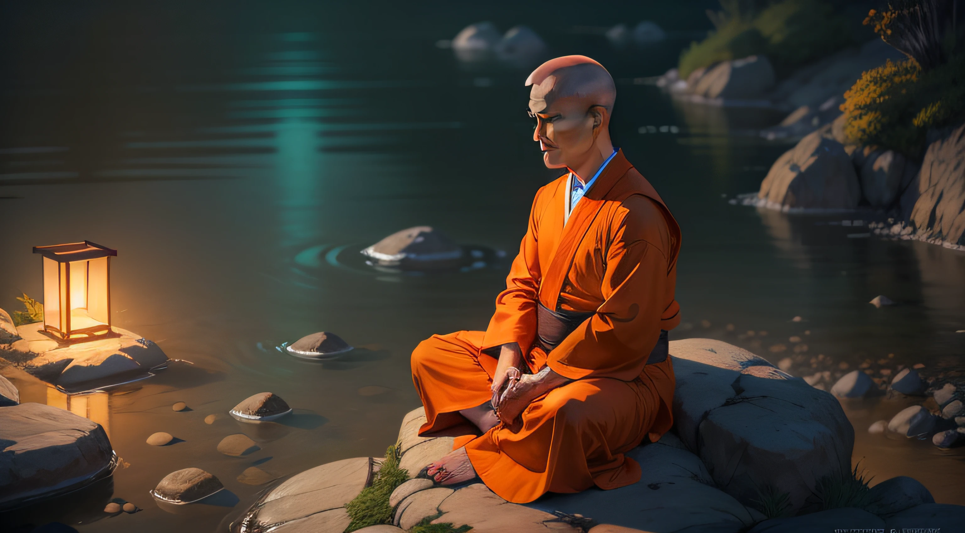 "A serene cartoon depiction of an elderly Korean monk seated on a rocky surface, peacefully meditating with eyes closed and a gentle smile. The scene is set in a tranquil night setting, with the monk adorning traditional orange robes."