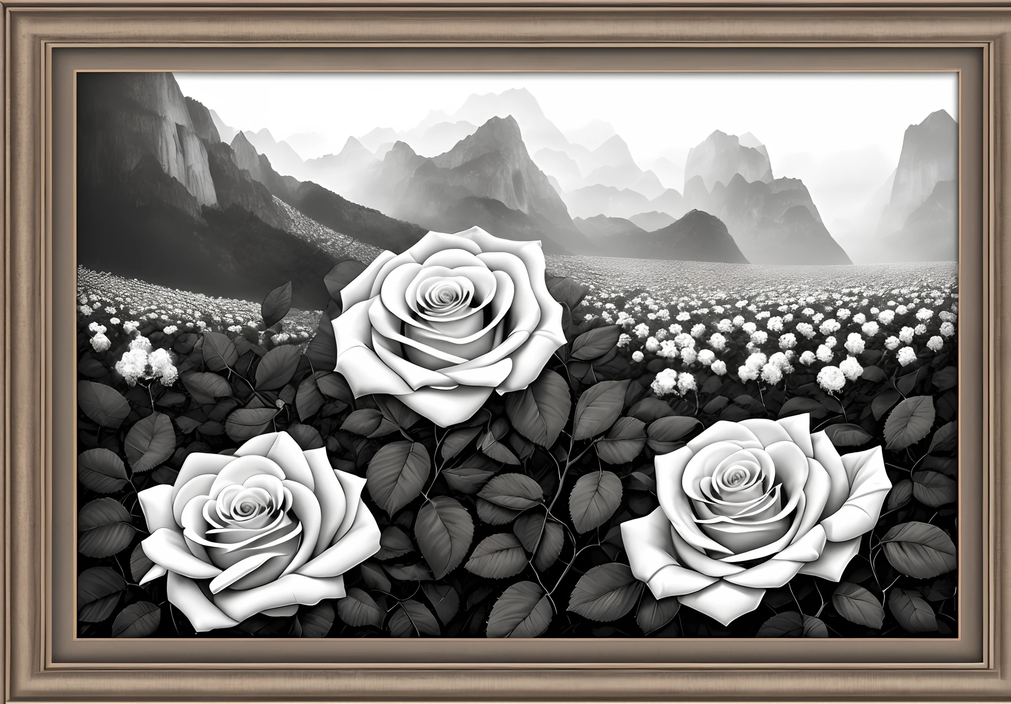 "(quadro maravilhoso), alta qualidade, incredible details, Preto e branco, Stunning roses in a dramatic setting."