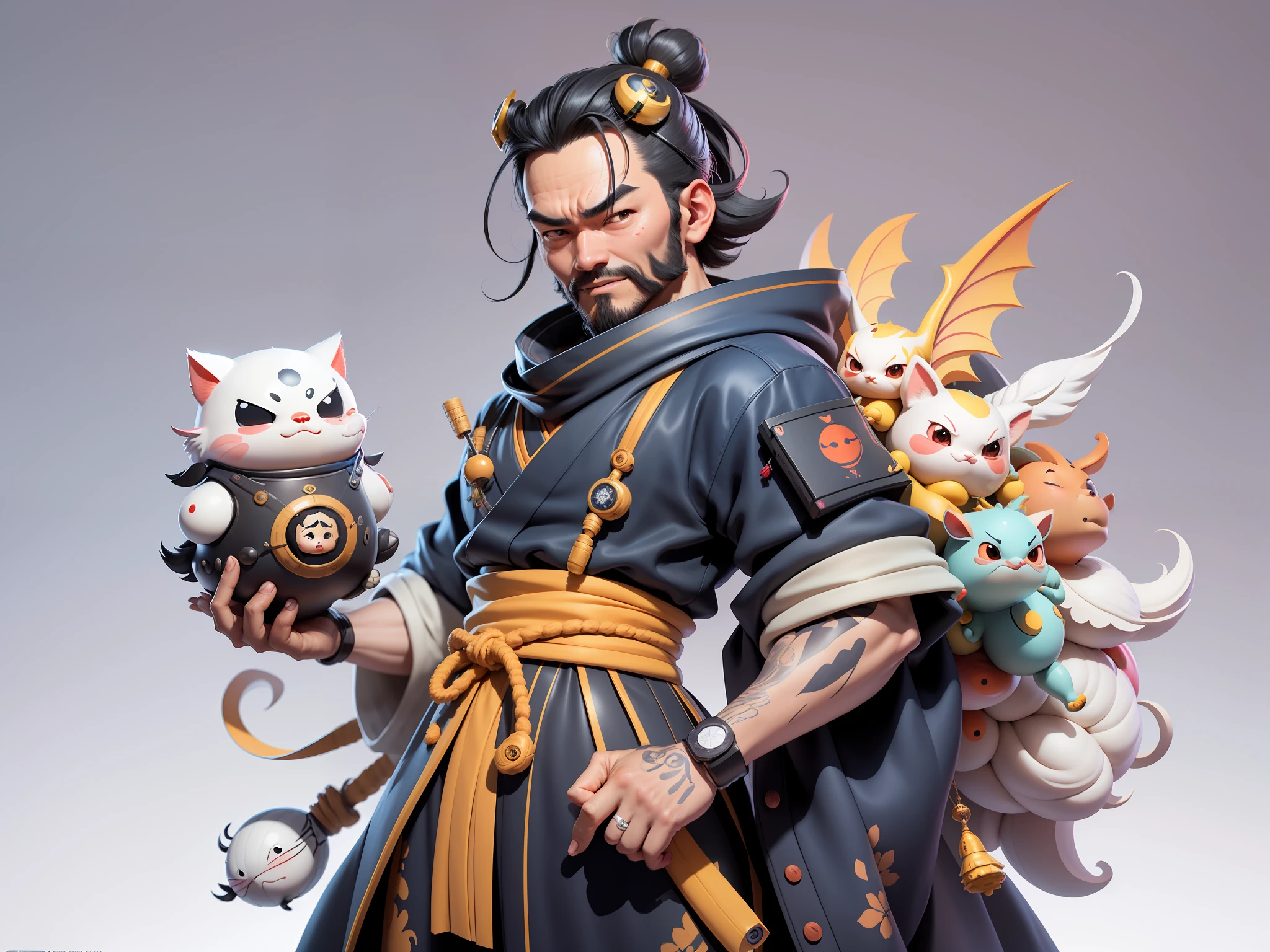 (Daisaku),(Need),(Super meticulous),(full bodyesbian:1.2),Japanese ukiyo-e girl，japanese geisha，Beautiful，Oriental dragon，Aeolian Thor，Raised sexy，爆乳，Oriental face，TV Anchor，Bust portrait illustration，Alone，In black suit，a blue tie，The face is slightly chubby，The face was clean，without a beard，Black super short hair，Black eyes，Smile confidently，3C computer sub-products，iPad， iphone，Digital painting，3D character design by Mark Clairen and Pixar and Hayao Miyazaki and Akira Toriyama，The illustration is a high-definition illustration in 4K resolution，With very detailed facial features and cartoon-style visuals。