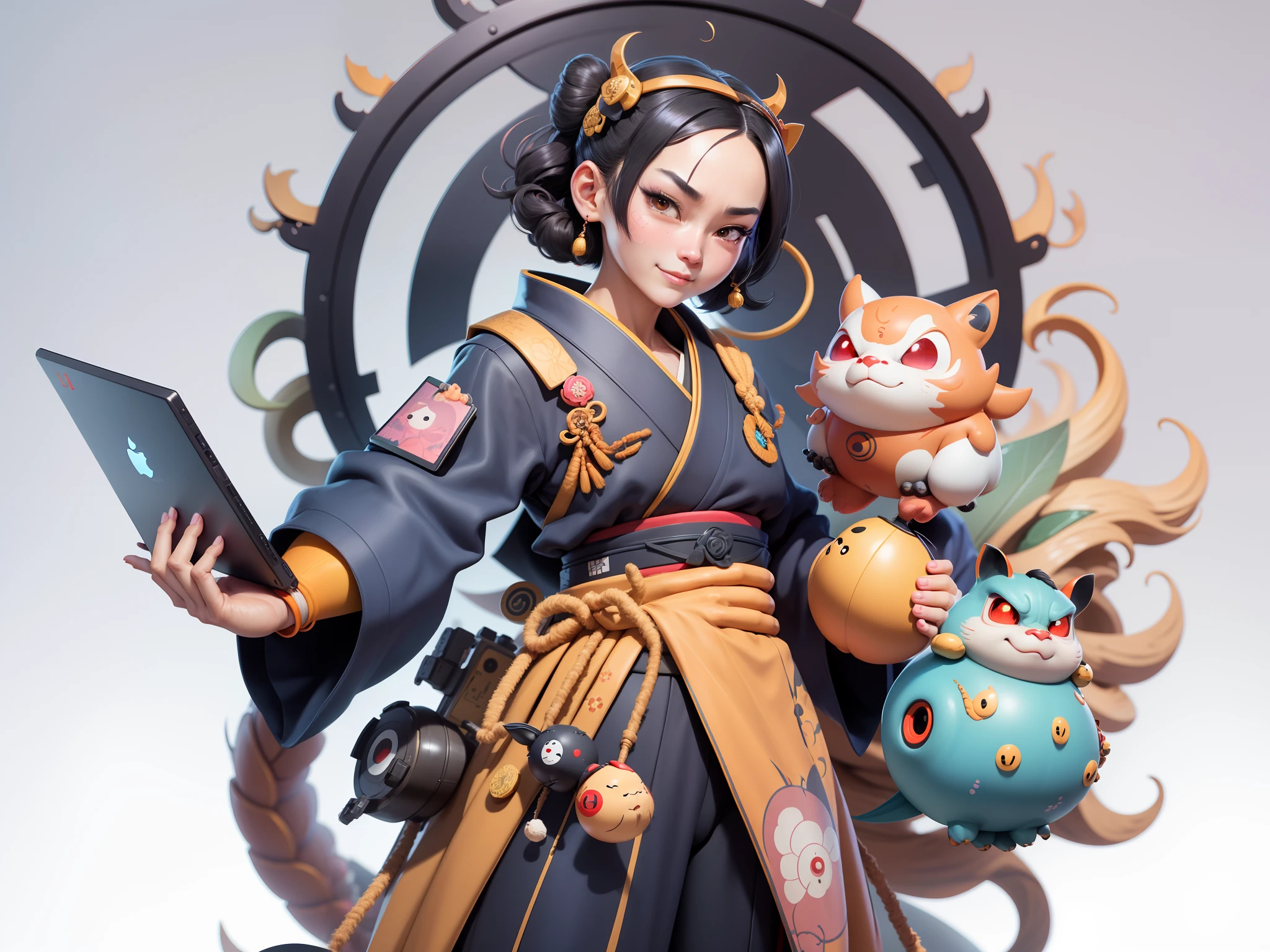 (Daisaku),(Need),(Super meticulous),(full bodyesbian:1.2),Japanese ukiyo-e girl，japanese geisha，Beautiful，Oriental dragon，Aeolian Thor，Raised sexy，爆乳，Oriental face，TV Anchor，Bust portrait illustration，Alone，In black suit，a blue tie，The face is slightly chubby，The face was clean，without a beard，Black super short hair，Black eyes，Smile confidently，3C computer sub-products，iPad， iphone，Digital painting，3D character design by Mark Clairen and Pixar and Hayao Miyazaki and Akira Toriyama，The illustration is a high-definition illustration in 4K resolution，With very detailed facial features and cartoon-style visuals。