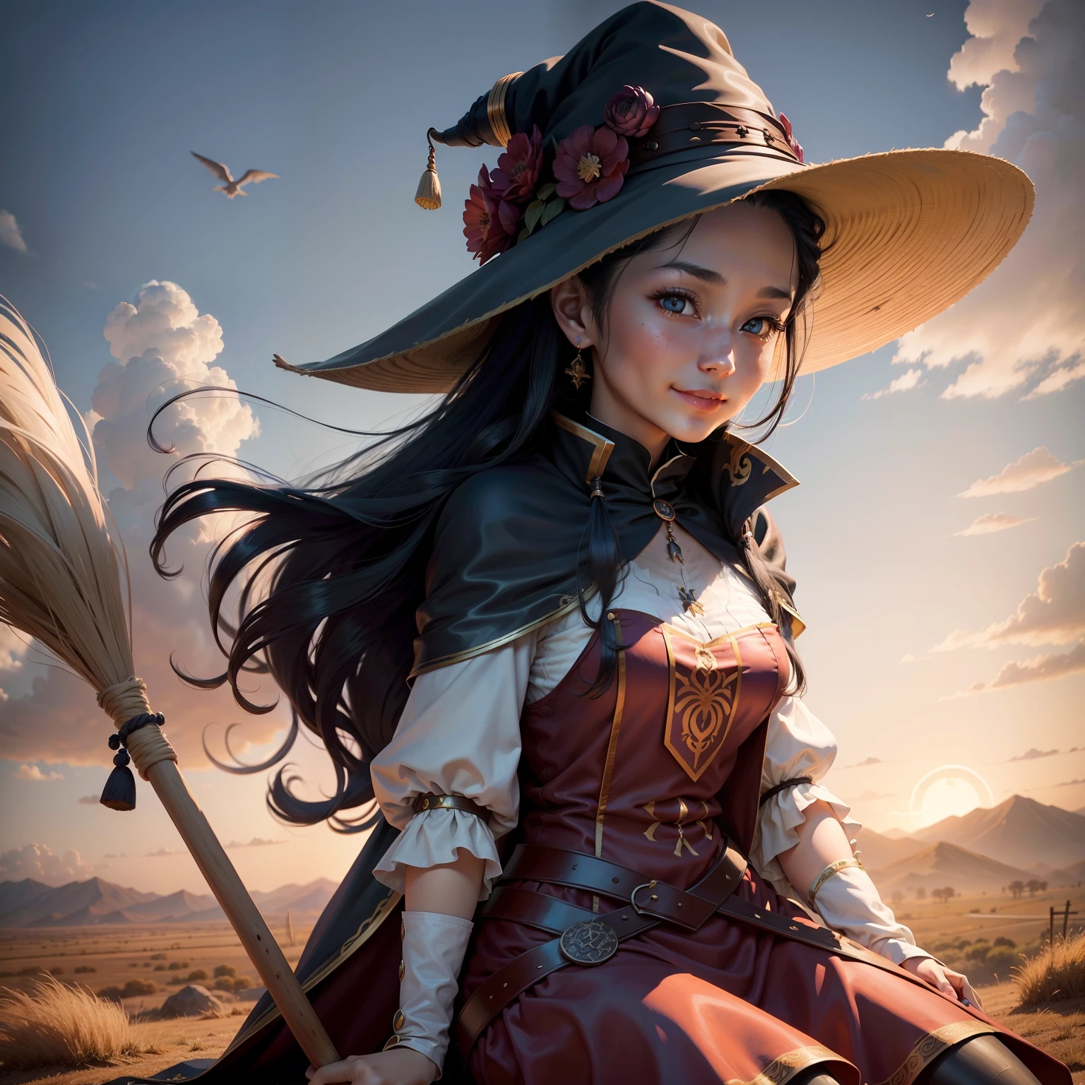 tmasterpiece,Real human skin,Witch Irena,(1 girl),Anime characters,best qualtiy,On the steppe,sitted,cute smiling,eventide,holding a wooden staff,Extremely white skin tone,Long white hair,Full breasts,Japan Woman,The of the clothes are large,There are large hollows,waist cutout