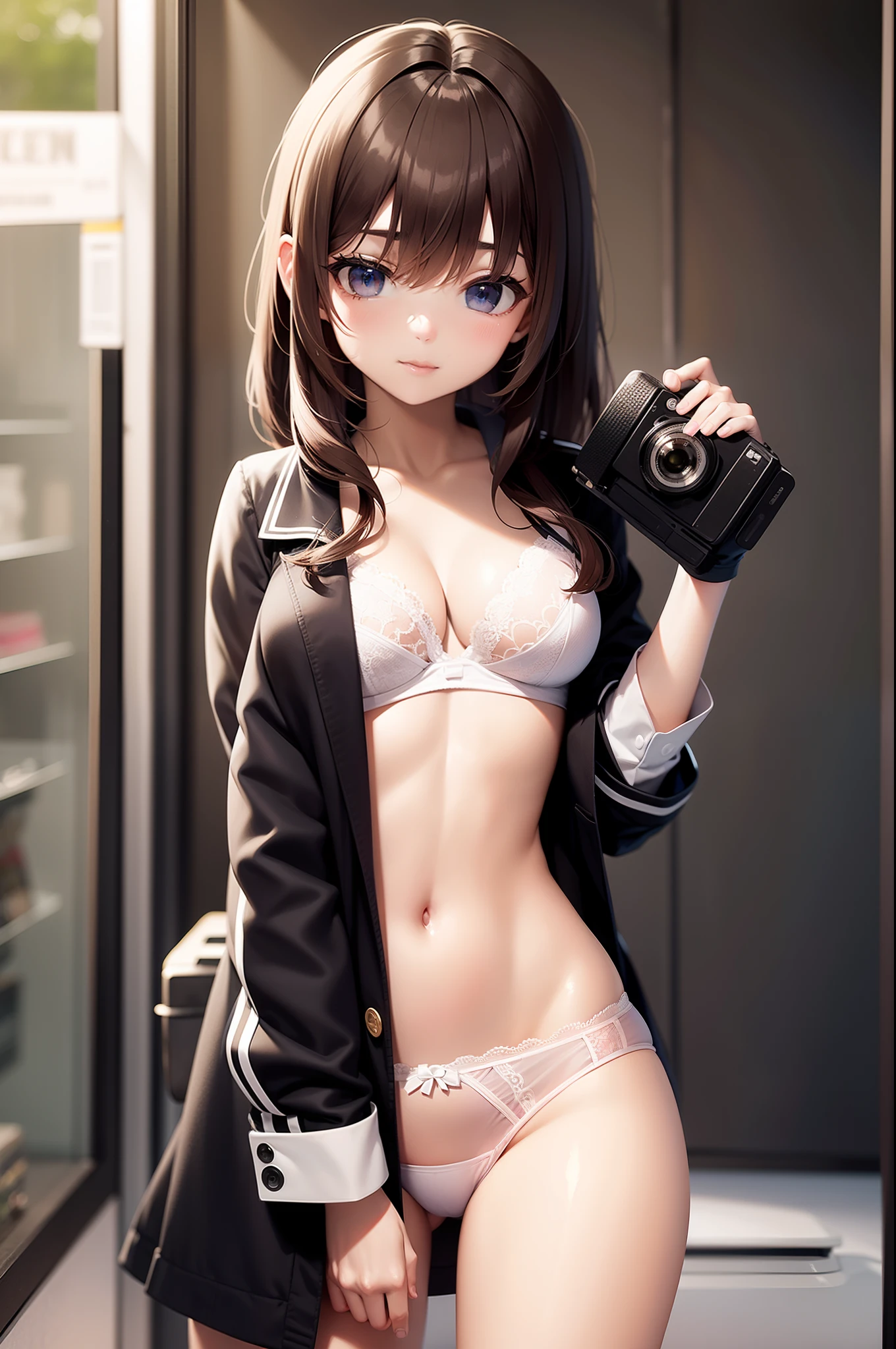 High school girl taking photo booth with bra and panties exposed from uniform in game center