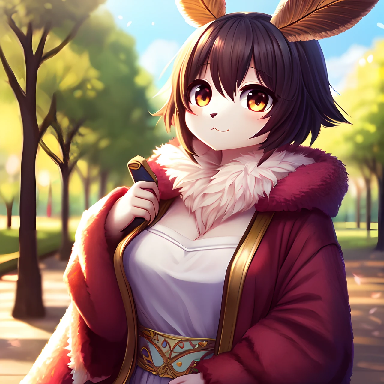 cute anthro moth, female, covered with colorful fluffy fur, intricate, detailed, sharp focus, blurry background, park background, trending on Pixiv, 4k