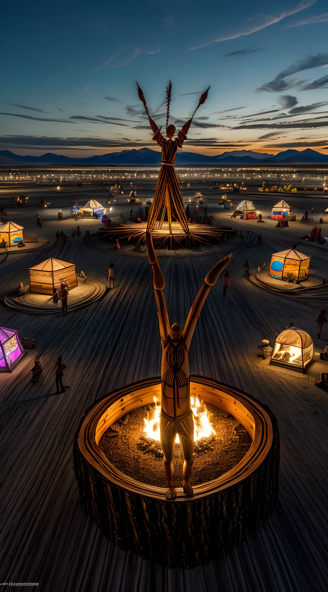 8k masterpiece, best quality:1.2), ultra high definition, photorealistic, burning man festival, black rock desert, black rock mountains in the background, (ingenious, futuristic art), art sculptures scattered over the huge festival area (encompassing a central (90 feet tall wooden male effigy:1.4)) in cartwheel layout, art performers, bizarre art vehicles, (hedonistic:1.3) ambience, free spirit attitude, hippy vibe, intricate details of art installations, highly detailed art sculptures,