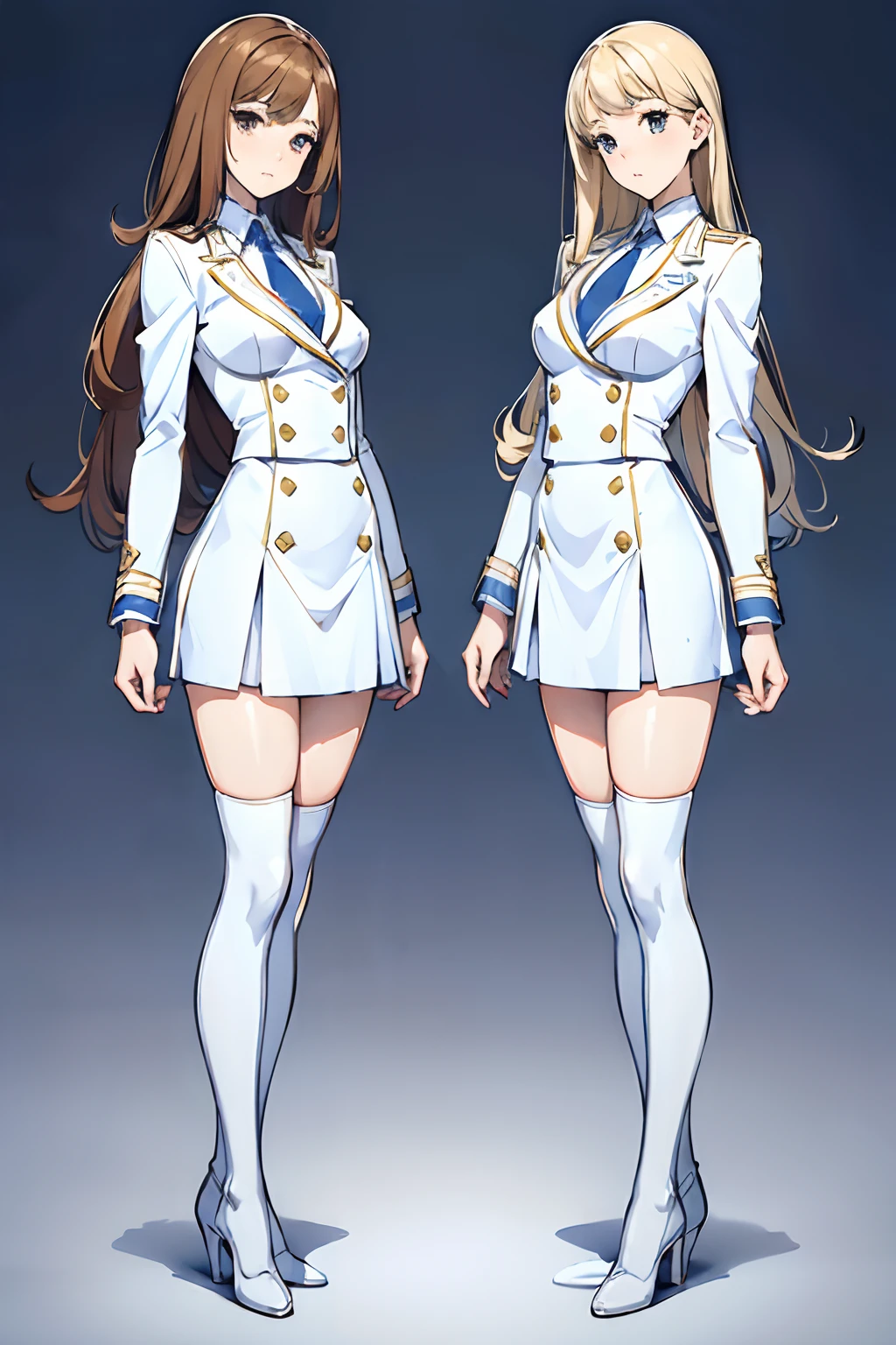((masterpiece, best quality, 8k, highres:1.2)), white and blue skirt suit, highleg, hazel eyes, white and blue blazer, neckties, white and blue pencil skirt, white thighhigh heeled boots, (curly hair, long hair, one brown haired sister, one blonde sister), (2girls, duo, twins, clones), ((matching hairstyles, different hair colors, matching faces, matching outfits)), full body, same pose, happy
