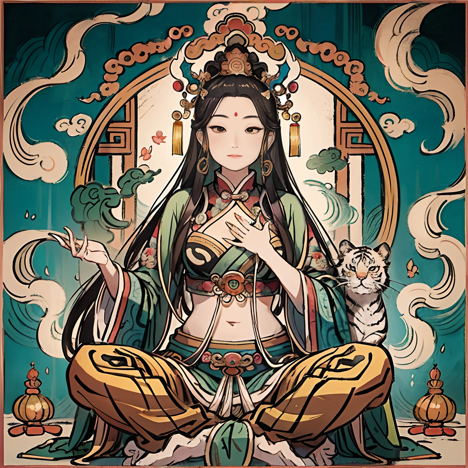 an ancient Chinese goddess, guanyin of the southern seas, Guanyin, Inspired by India, Avalokiteshvara Bodhisattva Tiger,,Serene expression,shui mo hua,Buddha,Buddhist,Lotus,Chinese painting style,Thangka style