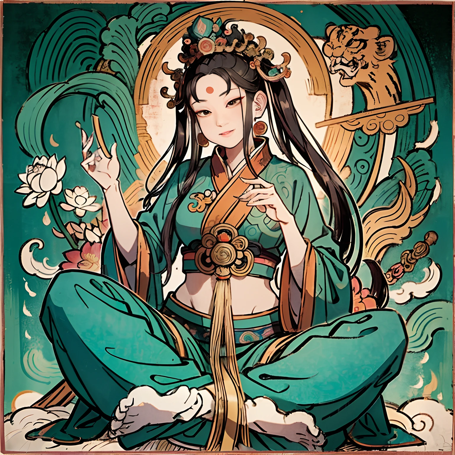 an ancient Chinese goddess, guanyin of the southern seas, Guanyin, Inspired by India, Avalokiteshvara Bodhisattva Tiger，,Serene expression,shui mo hua,Buddha,Buddhist,Lotus,Chinese painting style,Thangka style