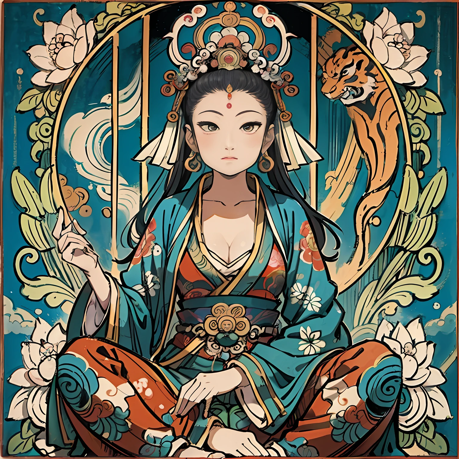 an ancient Chinese goddess, guanyin of the southern seas, Guanyin, Inspired by India, Avalokiteshvara Bodhisattva Tiger,,Serene expression,shui mo hua,Buddha,Buddhist,Lotus,Chinese painting style,Thangka style