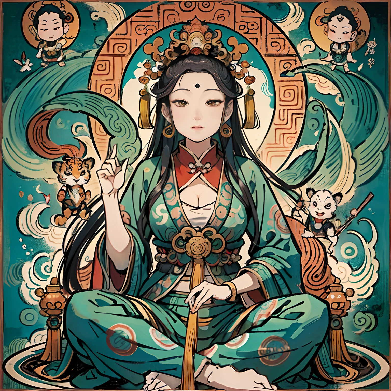 an ancient Chinese goddess, guanyin of the southern seas, Guanyin, Inspired by India, Avalokiteshvara rides a dragon,,Serene expression,shui mo hua,Buddha,Buddhist,Lotus,Chinese painting style,Thangka style