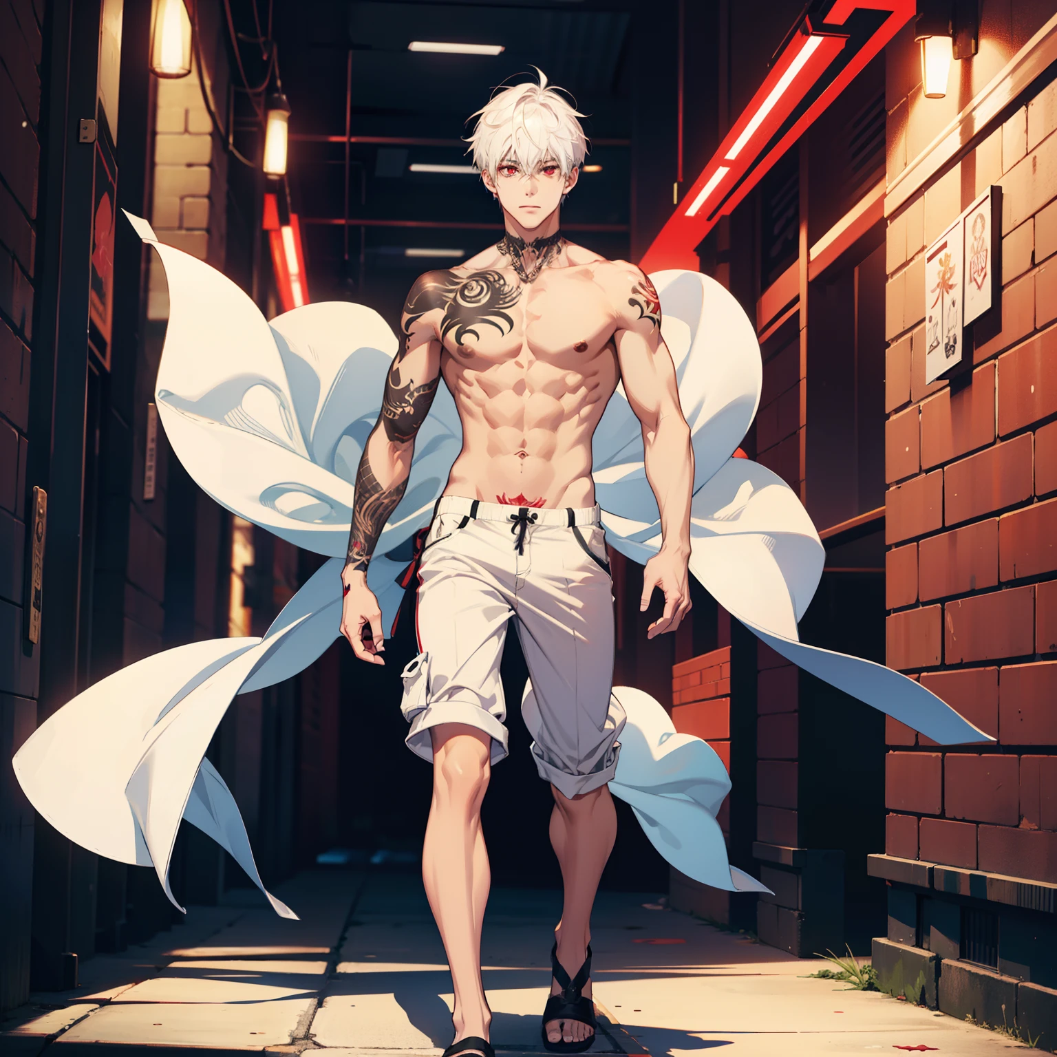 Male, solo, topless, nice body , white short hair, red eyes, tattoo full body