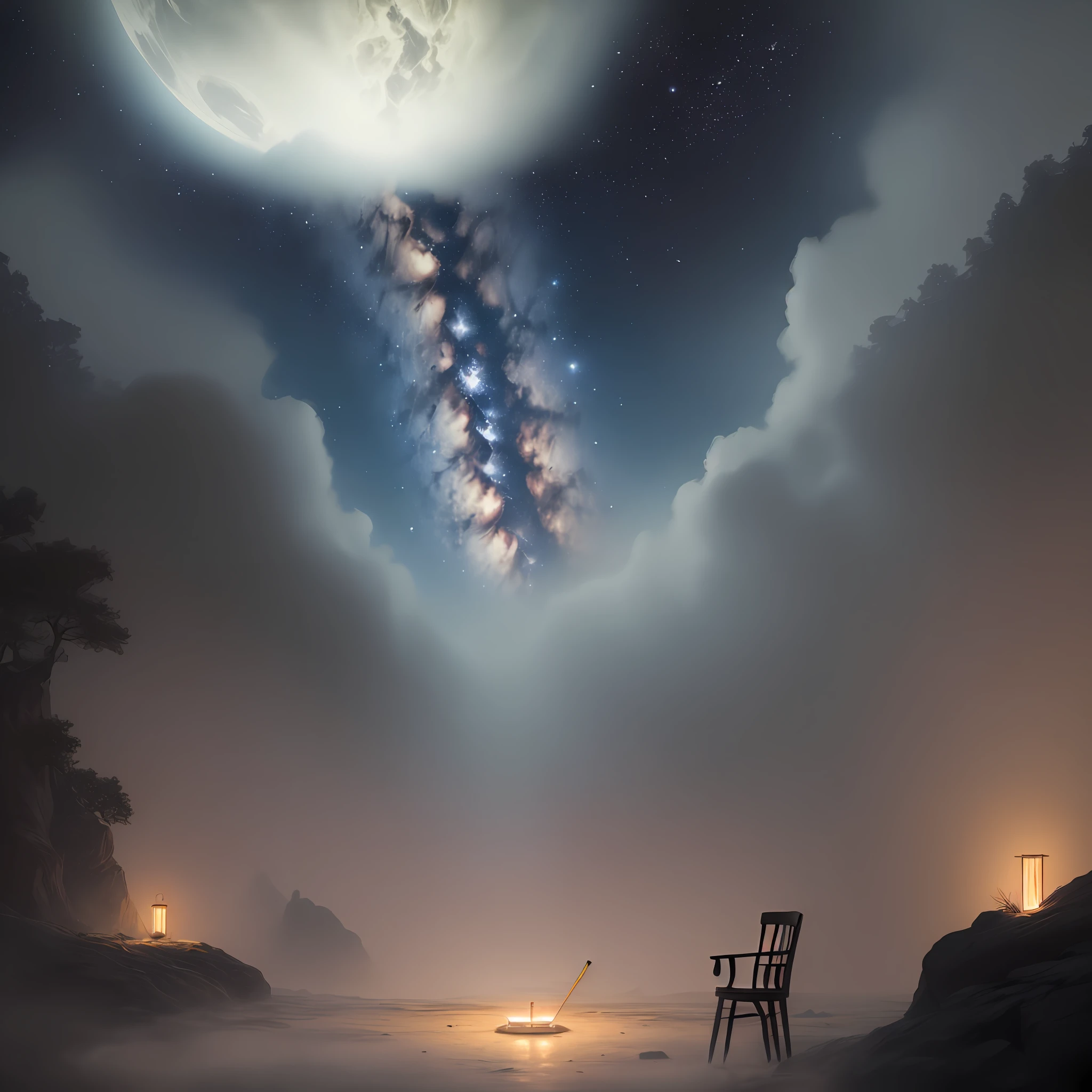 A slightly dim, misty environment with quite distinct stars, and a chair situated in the middle with a cane leaned against it. High resolution.