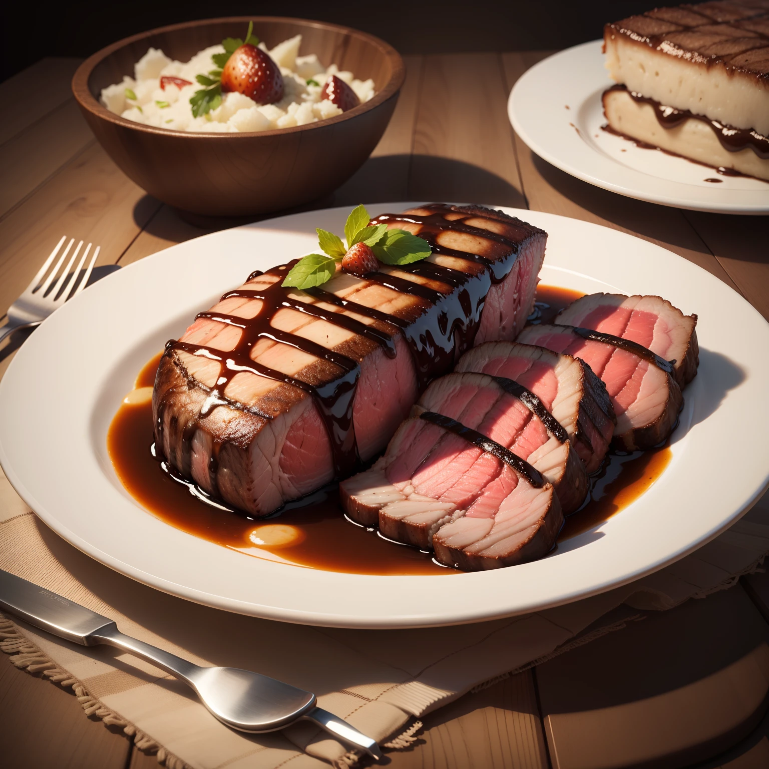 digital illustration of an amazing steak dinner with dessert, no_human