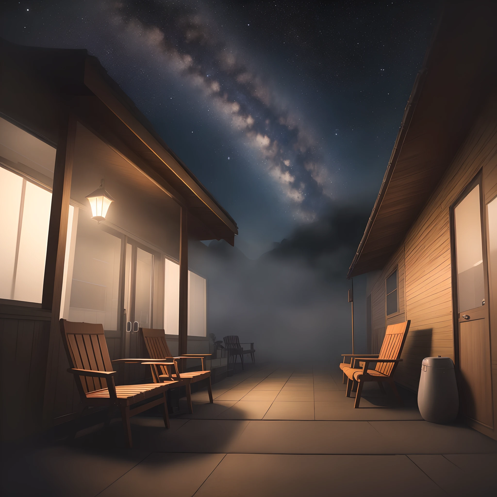 A slightly dim, misty environment with quite distinct stars, and a chair situated in the middle with a cane leaned against it. High resolution.