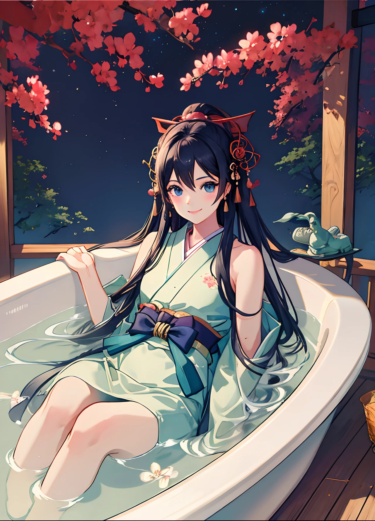 tmasterpiece， Best quality at best， realisticlying， Kizi， japanes， ssmile， nakeness， in bathtub， sportrait，full bodyesbian