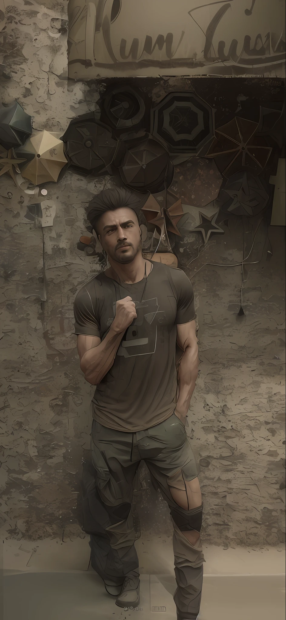 strong muscular man, street angry, backpack, epic realistic, photo, faded, complex stuff around, intricate background, soaking wet, neutral colors, ((((hdr)))), ((((muted colors)))), intricate scene, artstation, intricate details, vignette