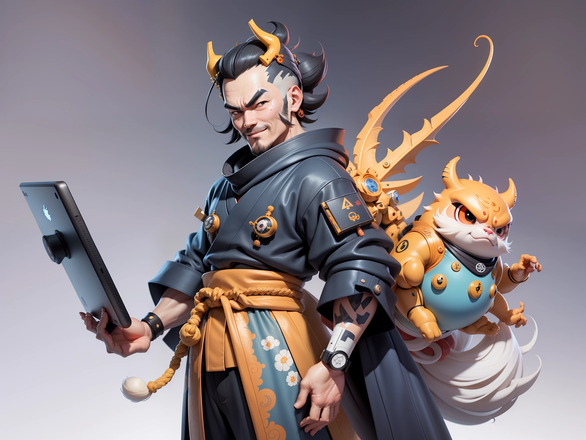 (Daisaku),(Need),(Super meticulous),(full bodyesbian:1.2),Japanese ukiyo-e girl，japanese geisha，Beautiful，Oriental dragon，Aeolian Thor，Raised sexy，爆乳，Oriental face，TV Anchor，Bust portrait illustration，Alone，In black suit，a blue tie，The face is slightly chubby，The face was clean，without a beard，Black super short hair，Black eyes，Smile confidently，3C computer sub-products，iPad， iphone，Digital painting，3D character design by Mark Clairen and Pixar and Hayao Miyazaki and Akira Toriyama，The illustration is a high-definition illustration in 4K resolution，With very detailed facial features and cartoon-style visuals。