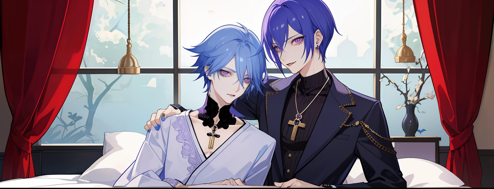 masterpiece, top-quality, 2Others, Male couple, 1 man and 1,, Adults, Height difference, different fashion, different color, finely eye and detailed face, intricate detailes, Casual clothing, Oversized shirt, Modern urban streets, Hands on back, A smile, Happiness, tenderness, queers, high-level image quality、 Two beautiful men、tall、Pushing down on the bed、Trying to kiss、window、nightfall、nighttime scene、𝓡𝓸𝓶𝓪𝓷𝓽𝓲𝓬、Korean Male, Idol Photos, k pop, Professional Photos, Vampires, Korean fashion in black and white, Fedoman with necklace, inspired by Sim Sa-jeong, androgynous vampire, :9 detailed face: 8, extra detailed face, detailed punk hair, ((eyes are brown)) baggy eyes, Seductive. Highly detailed, semi realistic anime, Vampires, hyperrealistic teen, delicate androgynous prince, imvu, short hair above the ears, Man with short hair, Purple-haired man with a glaring expression and a man with light blue hair with a gentle expression, With a short-haired man with bright purple hair, Man with light blue hair