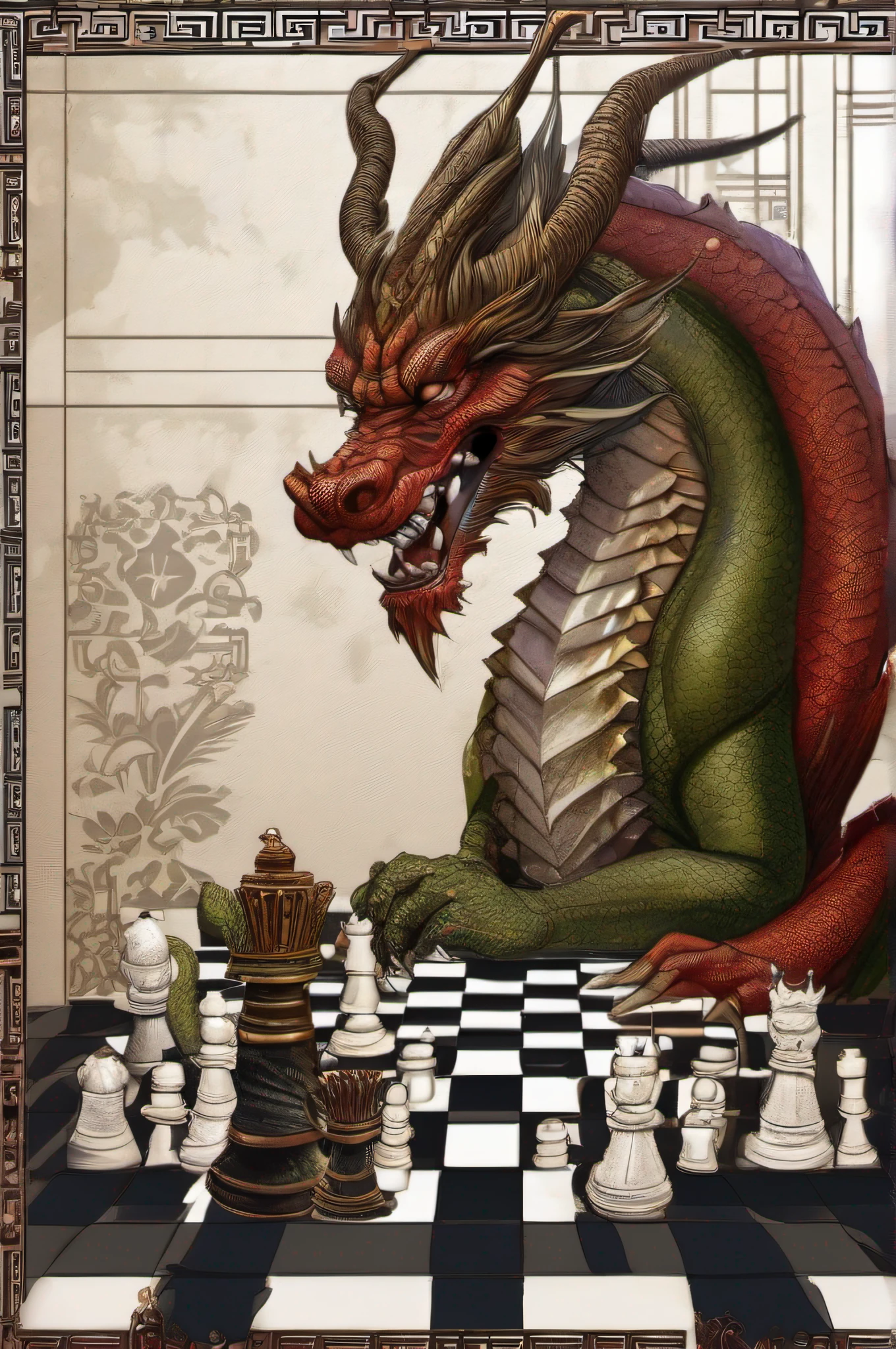 Asian dragon playing chess, estilo desenho