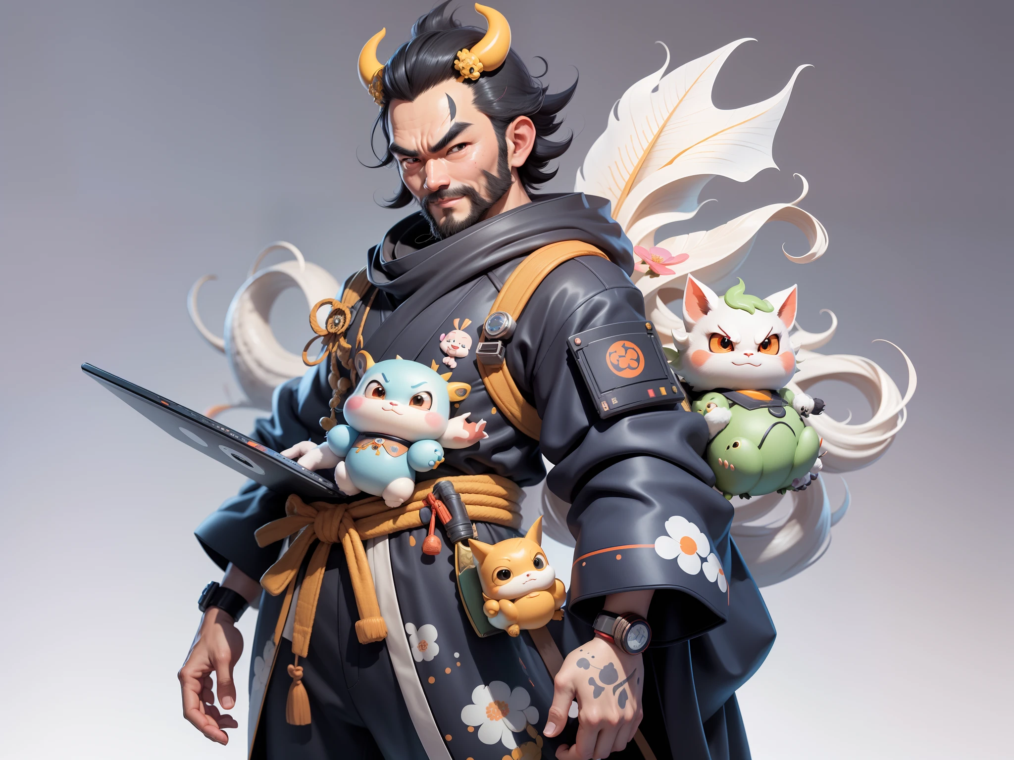 (Daisaku),(Need),(Super meticulous),(full bodyesbian:1.2),Japanese ukiyo-e girl,japanese geisha,Beautiful,Oriental dragon,Aeolian Thor,Raised sexy,爆乳,Oriental face,TV Anchor,Bust portrait illustration,Alone,In black suit,a blue tie,The face is slightly chubby,The face was clean,without a beard,Black super short hair,Black eyes,Smile confidently,3C computer sub-products,iPad, iphone,Digital painting,3D character design by Mark Clairen and Pixar and Hayao Miyazaki and Akira Toriyama,The illustration is a high-definition illustration in 4K resolution,With very detailed facial features and cartoon-style visuals。
