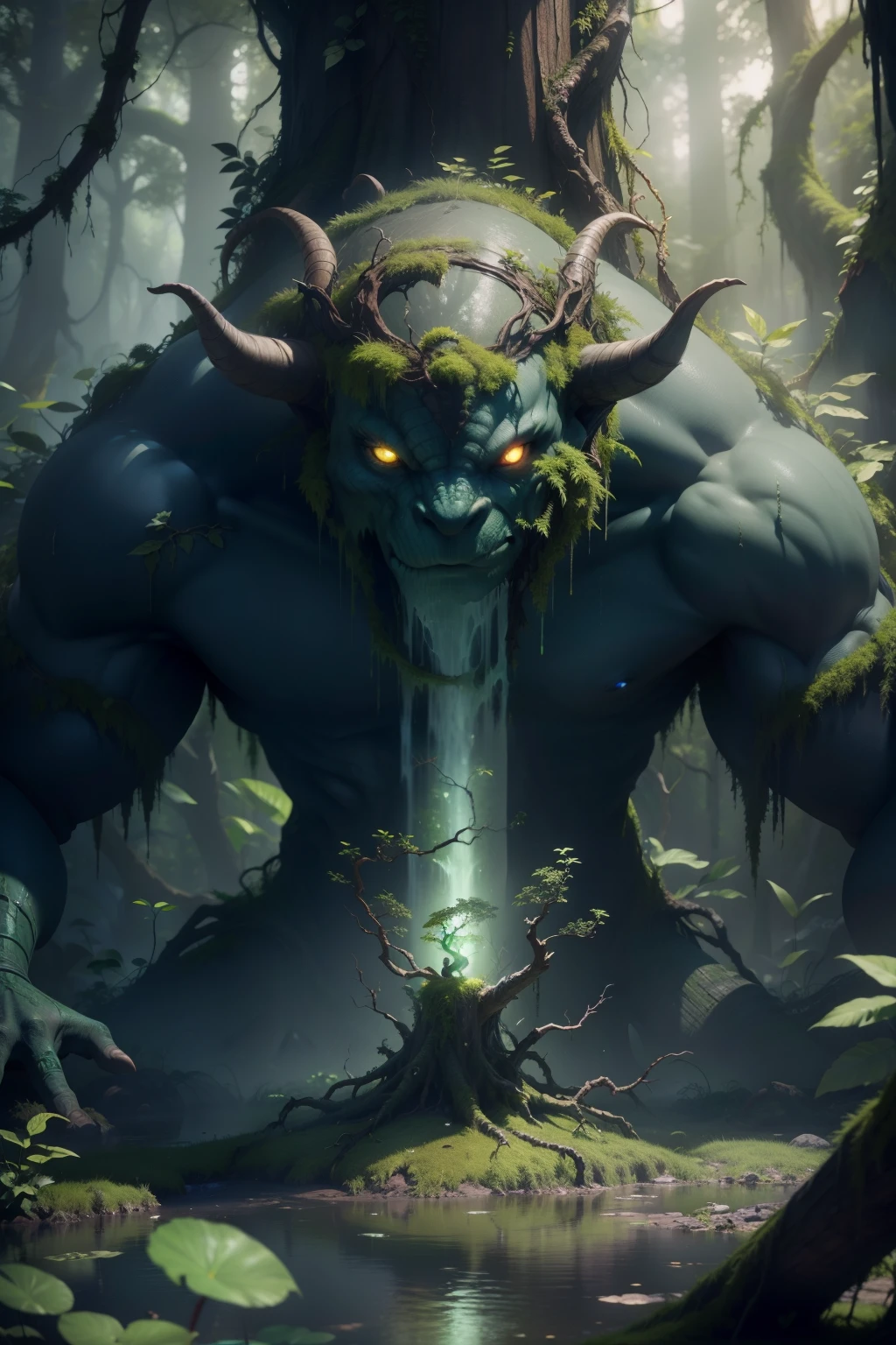 cinematic still 3D CGI octane rendering of an elemental ent creature made entirely of foliage flora green vines moss and tree roots with a look of concern in a magical swamp ruins, elemental, ent, vines, roots, glowing eyes, close up, eldritch, old (man:0.5), shiny intricate details, sharp, 3D rendering, cinematic lighting, unreal engine, blender