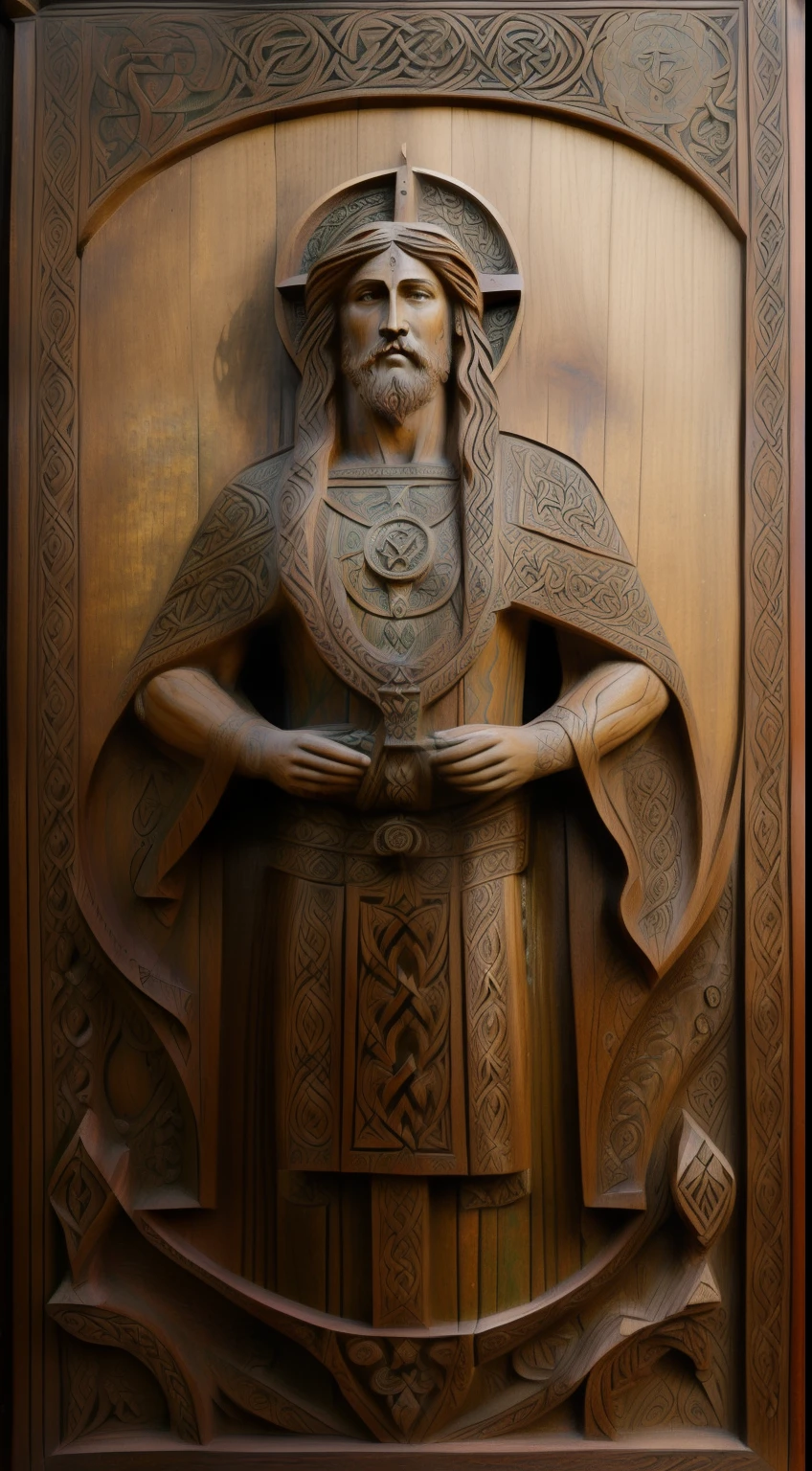 (((Pre-Raphaelite Celtic painting, A rustic god carved in wood, ao fundo um grande carvalho, paisagem celta)))
