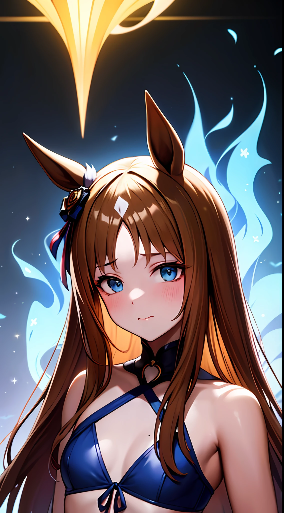 masterpiece,top-quality, Best Quality,{{{1 woman}}},独奏,{{{Glass Wonder\Umamusume}}},brown colored long hair,{{{white diamond-shaped pattern on the hair on the head,}}},{{{horse ear}}}, red blush,a closed mouth,Blue Eyes,small tits,{{{small tits}}},{{{black bikinis}}},{{{Black ruffles}}},Upper body only photos,Bold poses,natta,{{{nigh sky}}},{{{Background with:Lots of blue flames}}},{{{The subject is in blue flames}}}