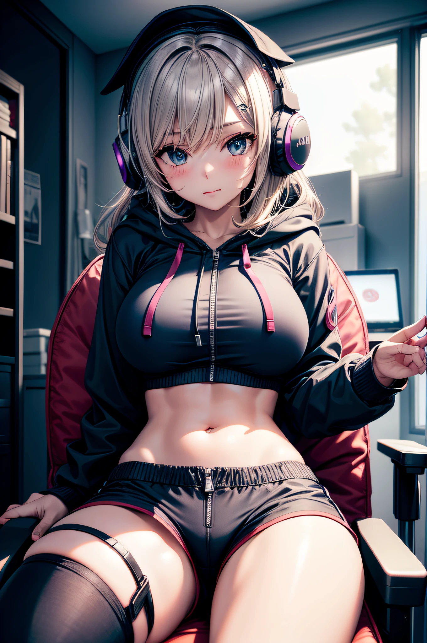 1girl, open zip hoodie, tight shorts, sit, gaming chair, headphones, bedroom, dim light, sexy body, cute face, desk, multicolor led lights, big breasts