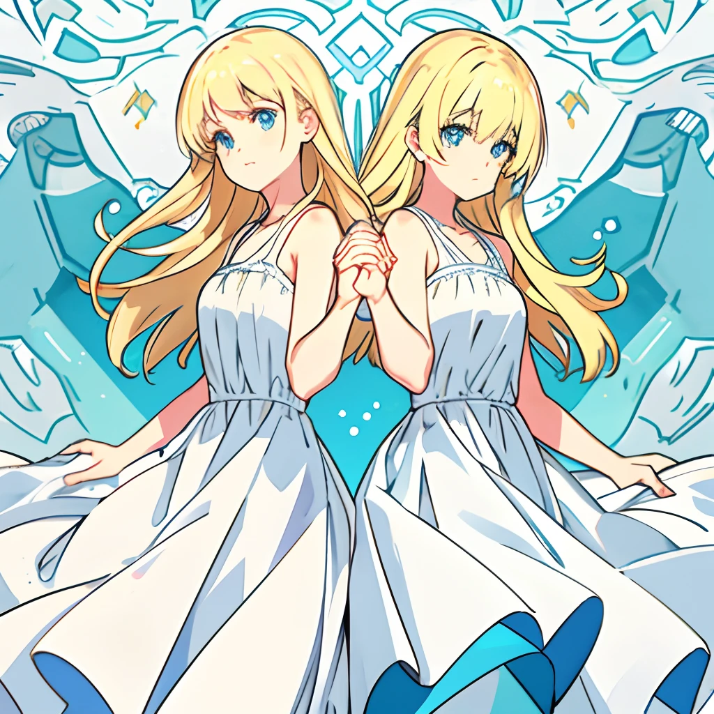 Two girls in long white dresses with blonde hair and blue eyes holding hands back to back with each other