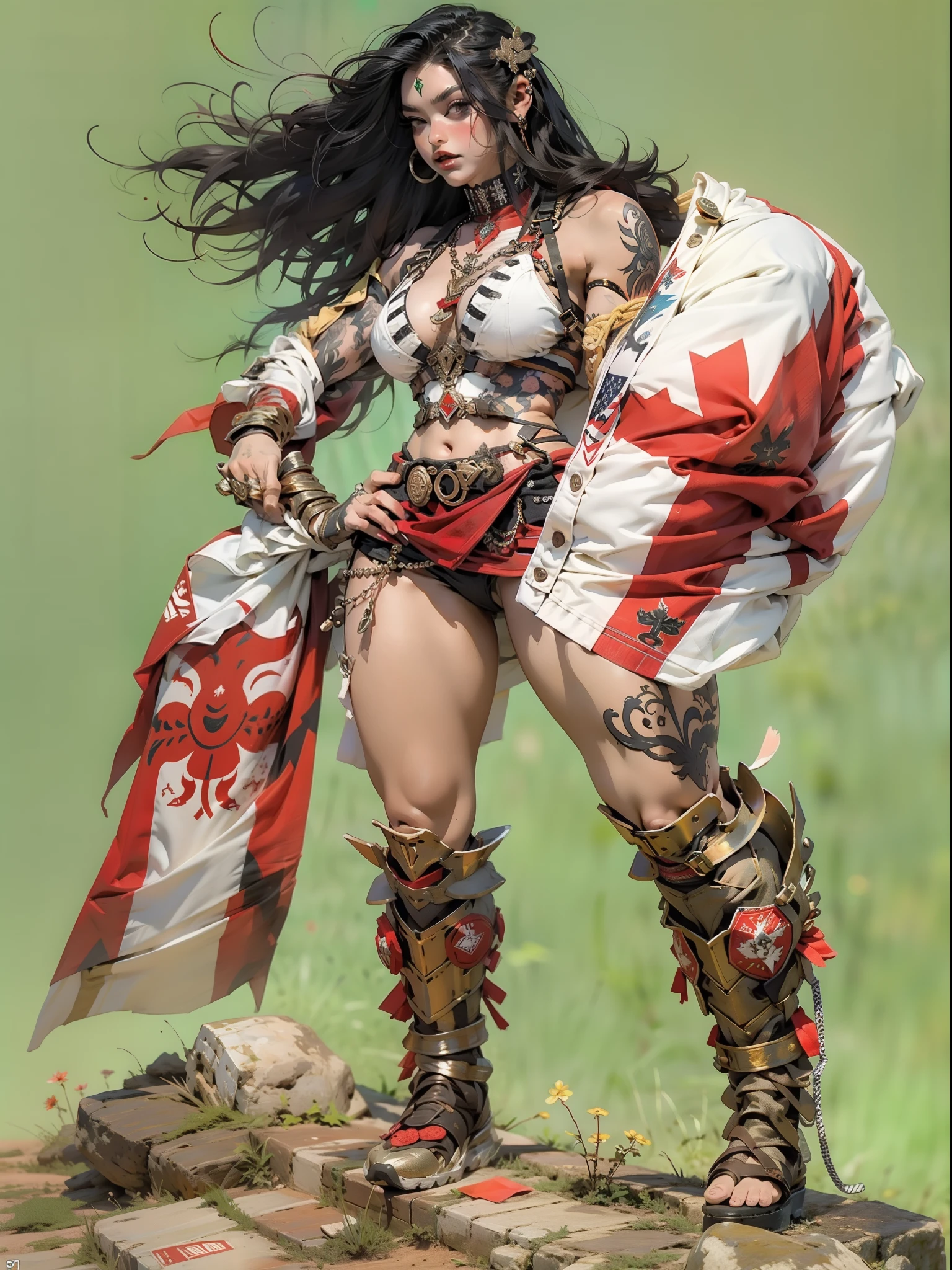 (((mulher))), (((melhor qualidade))), (((obra prima))), (((adulta))), Uma guerreira mulher de 35 anos com corpo perfeito, Brooklyn Gladiators, (( under boobs )), Croatia flag, quase nua no estilo selvagem urbano de Simon Bisley para a capa da revista Heavy Metal, cabelo loiro, Minimum clothing, red and white checkered pattern, armadura, cheio de pontas e rebites, tatuagem tribal, (((do joelho pra cima))), cabelo desalinhado