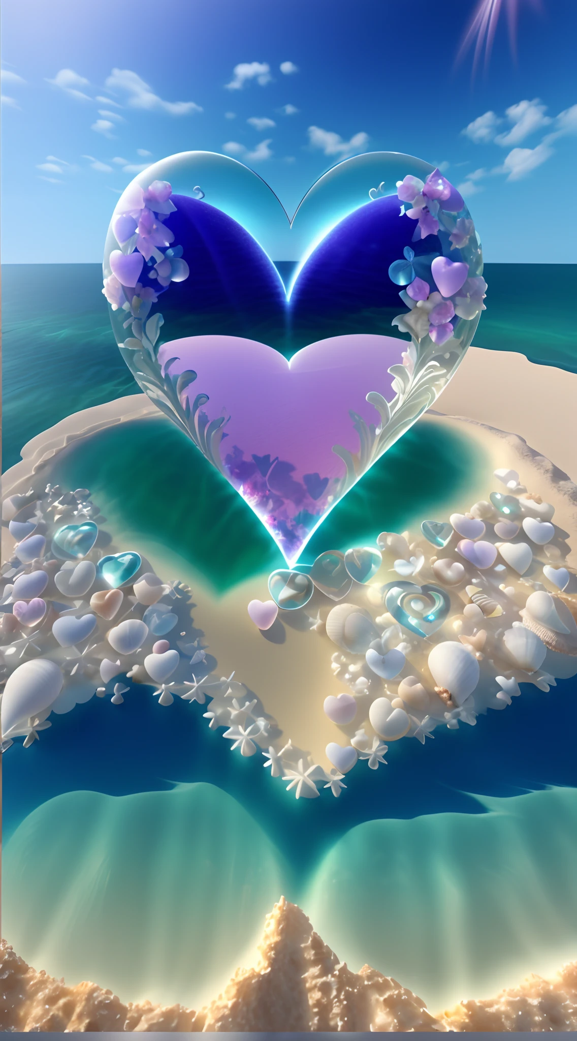 On the beach there is a ornately carved heart-shaped object with a shell，Very beautiful 3D digital art，Presents a beautiful composition and high definition，Finely rendered digital art，Many heart-shaped objects are rendered in a blender，Mysterious and beautiful heart-shaped object，Multiple cardioid objects are highly rendered，Very beautiful digital art depicted in 3D rendering。