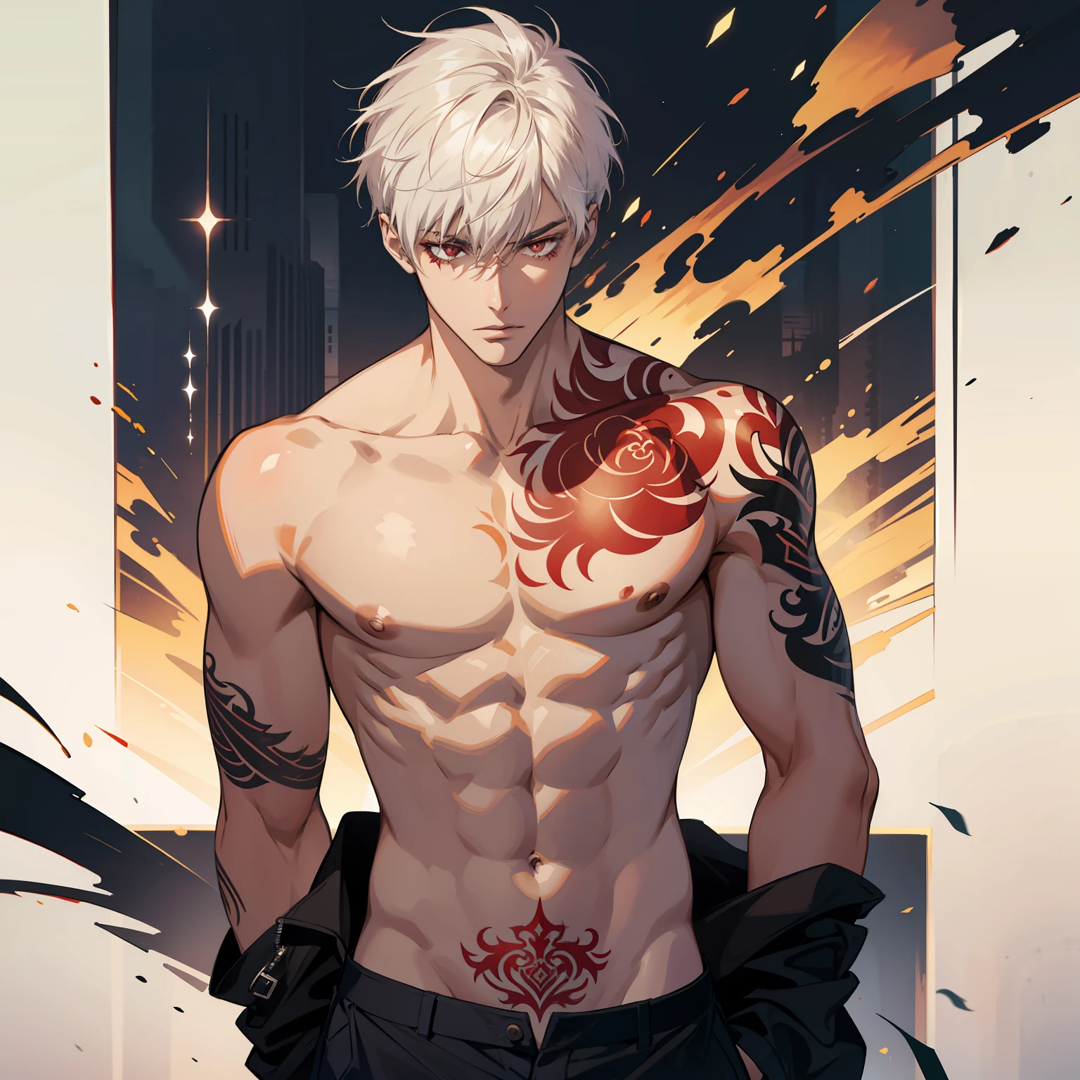 Male, solo, topless, nice body , white short hair, red eyes, a big tattoo