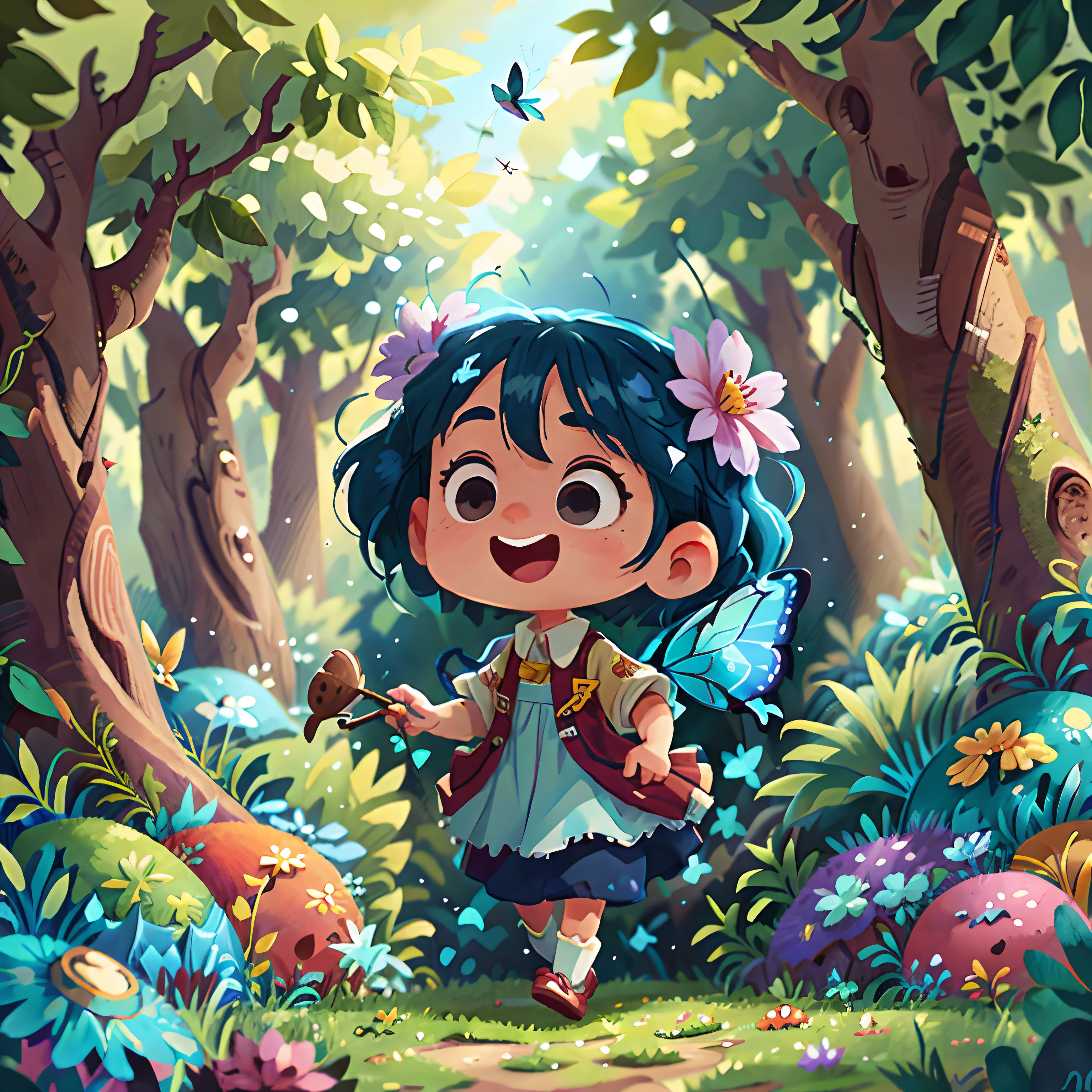 A blue hair girl, awakening, excitement, surprises, garden, colorful flowers, dancing butterflies, trees, gentle breeze, imagination, fairy houses, enchantment, magic. in a forest, happy, happy, perfect quality, clear focus (mess-house: 0.8), (masterpiece: 1.2) (Realistic: 1.2) (Bokeh) (Best quality) (Detailed skin: 1.3) (Intricate details) (8K) (Detail eyes) (Sharp focus), (Happy)