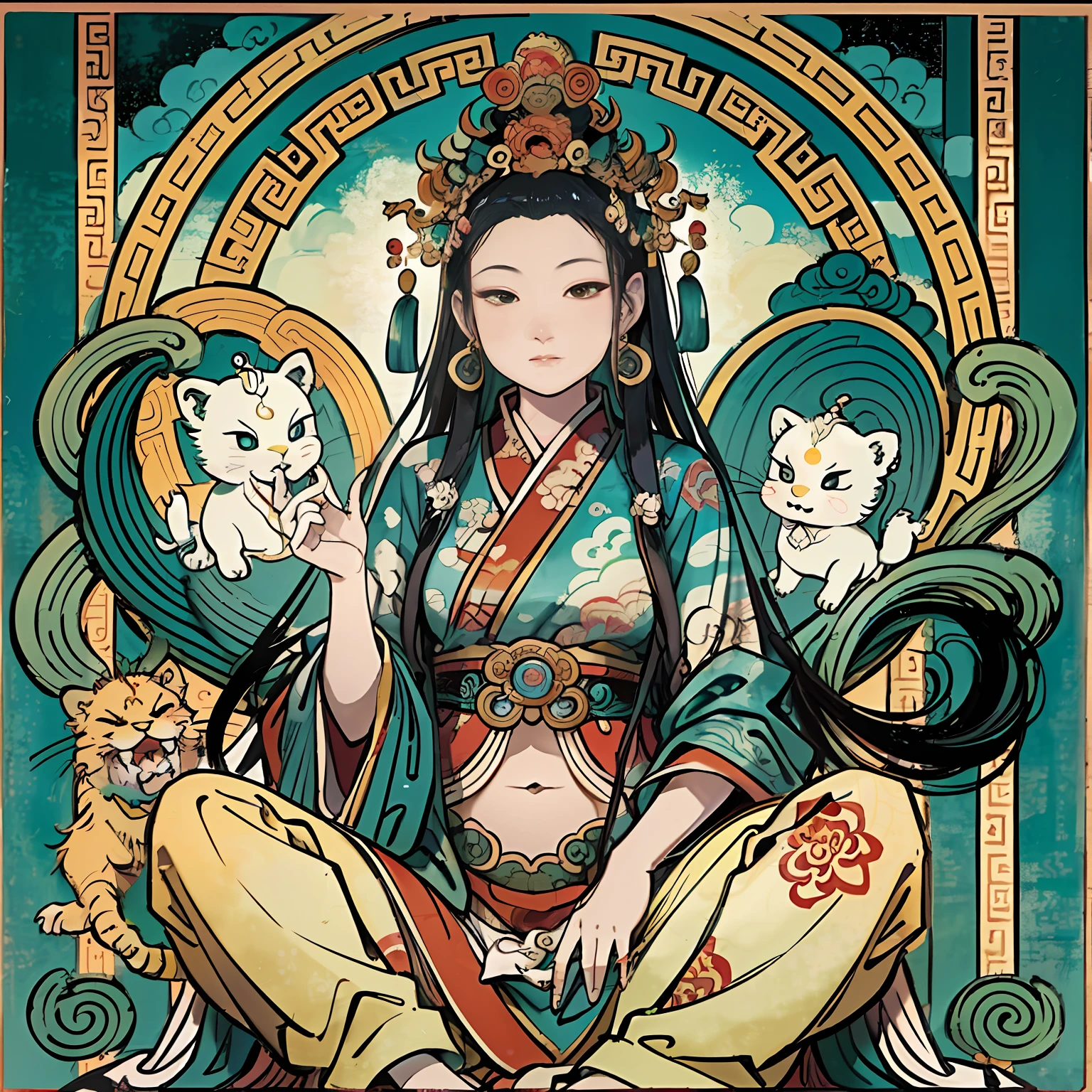 an ancient Chinese goddess, guanyin of the southern seas, Guanyin, Inspired by India, Avalokiteshvara rides the lion,,Serene expression,shui mo hua,Buddha,Buddhist,Lotus,Chinese painting style,Thangka style