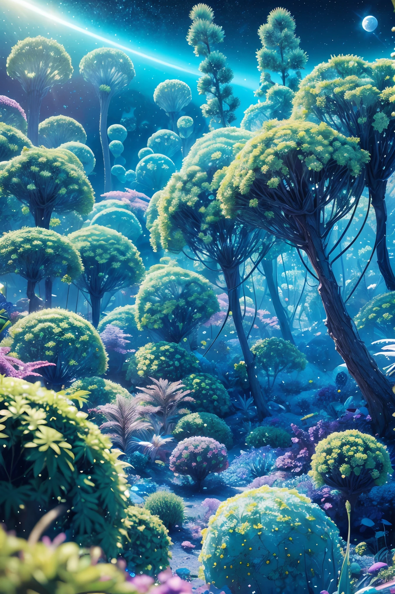 depth of field, human colony on unknown planet, clean white structures, bright vibrant colored vegetation, bioluminescent plants, hyperrealism, highly detailed, insanely detailed, lush detail, filigree, intricate, crystalline, global illumination, cosmonaut, LSD, lens flare