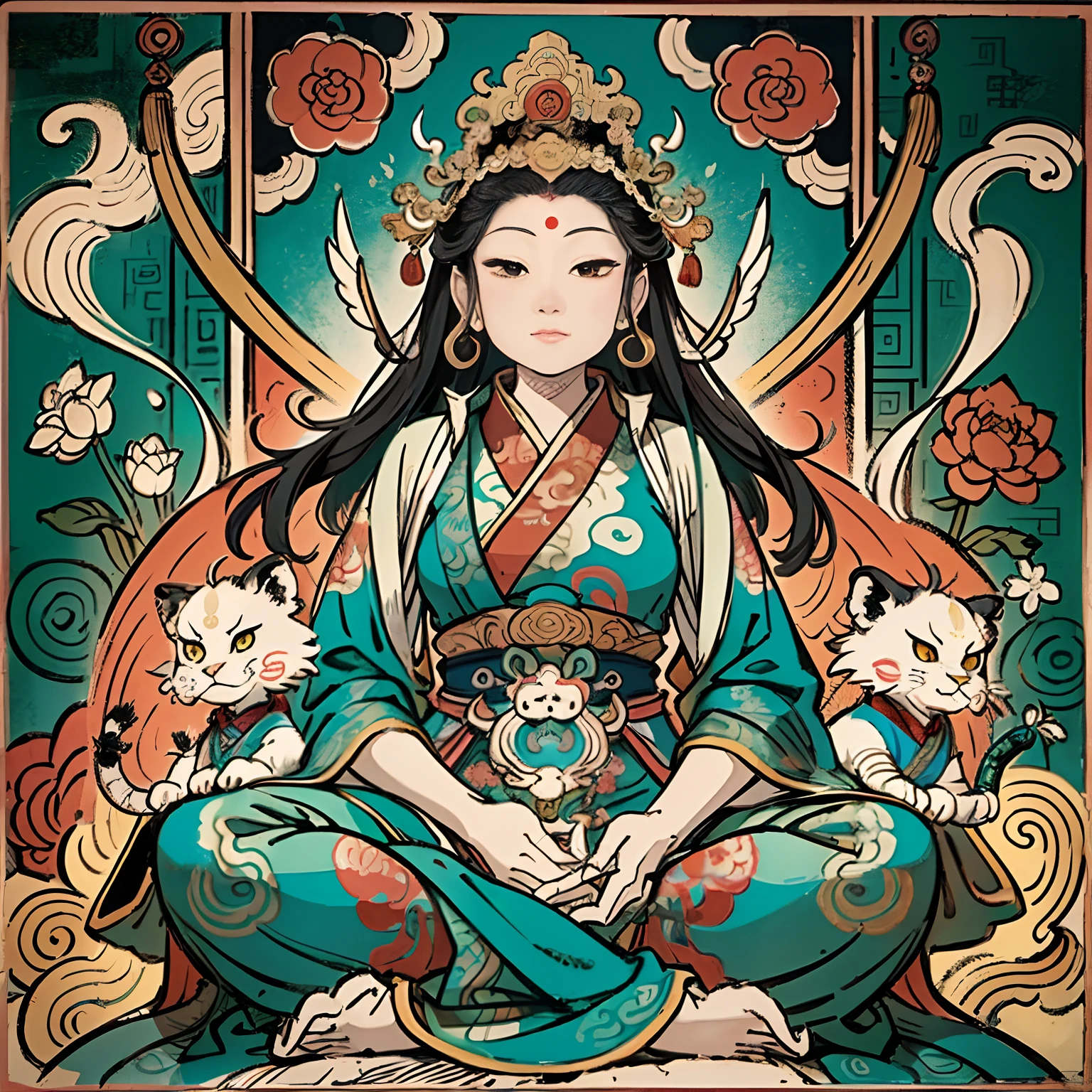 an ancient Chinese goddess, guanyin of the southern seas, Guanyin, Inspired by India, Avalokiteshvara rides the lion,,Serene expression,shui mo hua,Buddha,Buddhist,Lotus,Chinese painting style,Thangka style