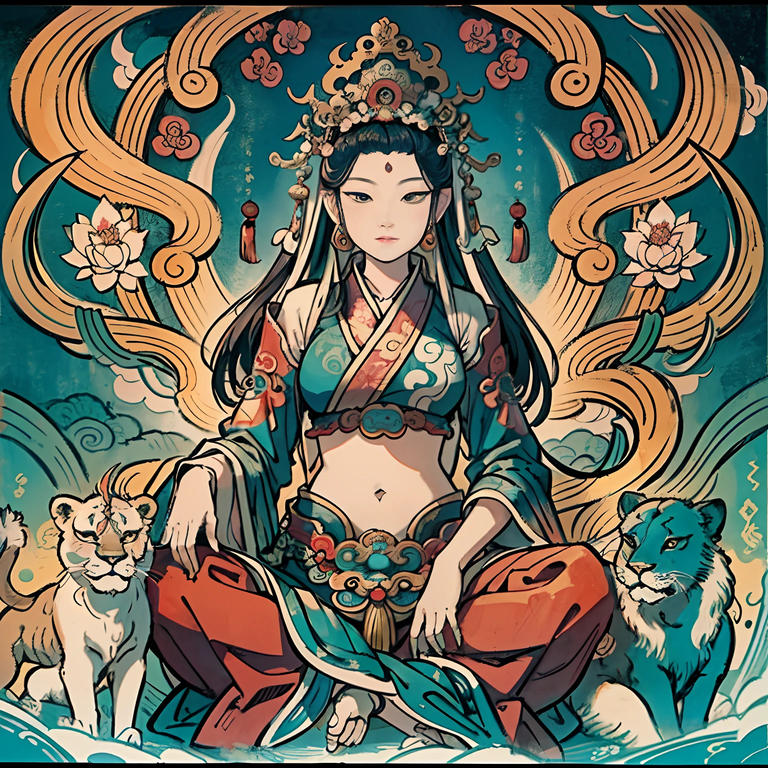 an ancient Chinese goddess, guanyin of the southern seas, Guanyin, Inspired by India, Avalokiteshvara rides the lion,,Serene expression,shui mo hua,Buddha,Buddhist,Lotus,Chinese painting style,Thangka style