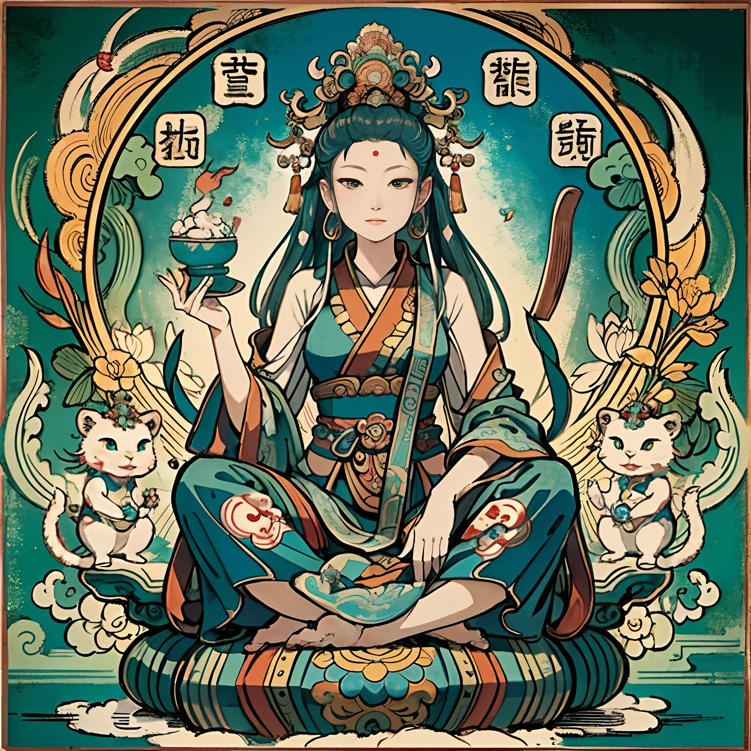 an ancient Chinese goddess, guanyin of the southern seas, Guanyin, Inspired by India, Avalokiteshvara rides the lion，,Serene expression,shui mo hua,Buddha,Buddhist,Lotus,Chinese painting style,Thangka style