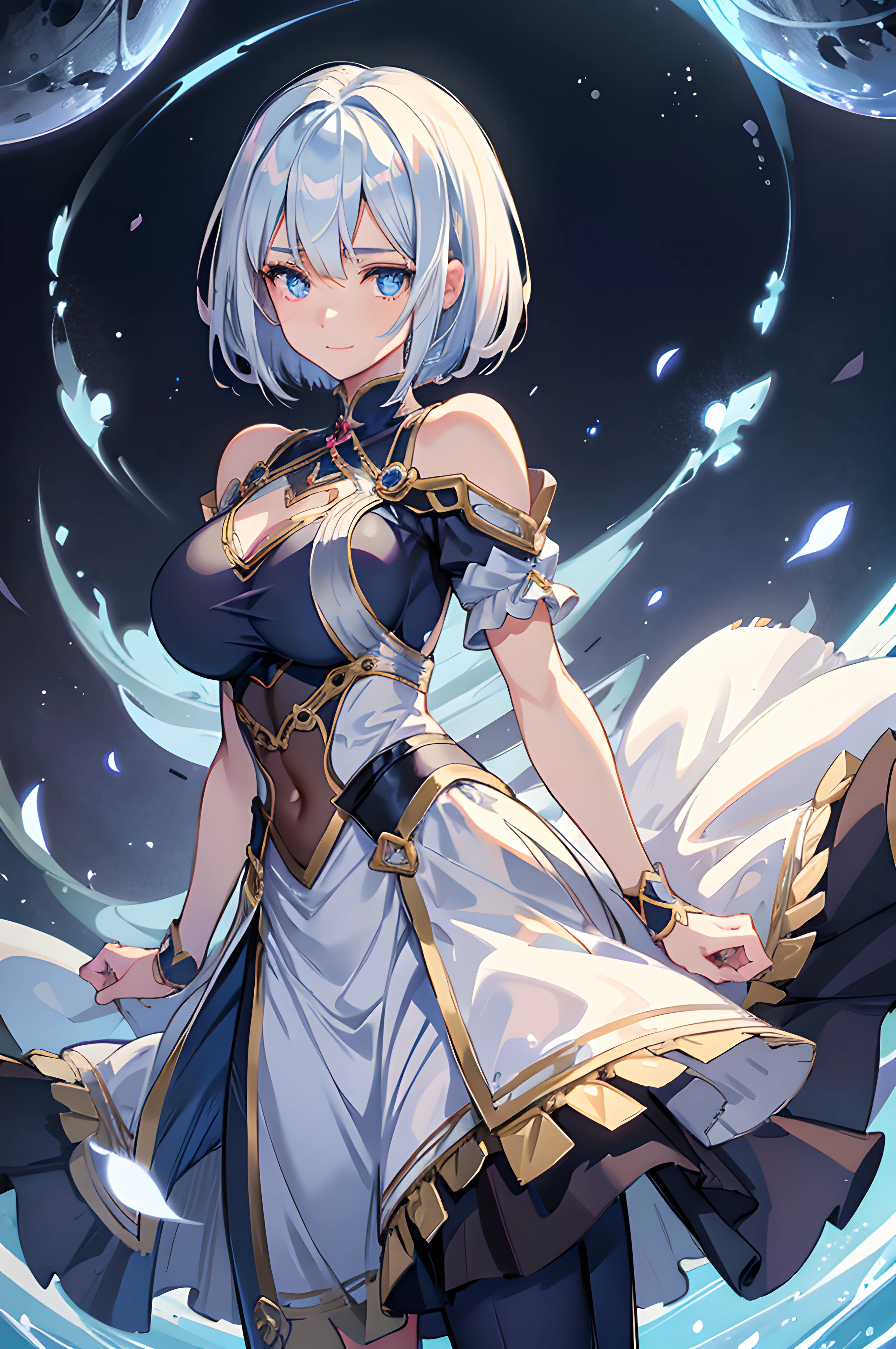 (Anime depiction of a woman with short white hair and blue eyes), vanitas, Black anime pupils in her eyes, Close-up of young anime Gere, cel shaded anime, with glowing blue eyes, close up, anime still image, Anime so far, big ass, bellybutton, big breastes, charming girl, housemaid, (A detailed eye), the pose, beautiody, full length, nice smile, (Detailed image), (detailed clothes), (beatiful face), bare shoulders, Shy beauty