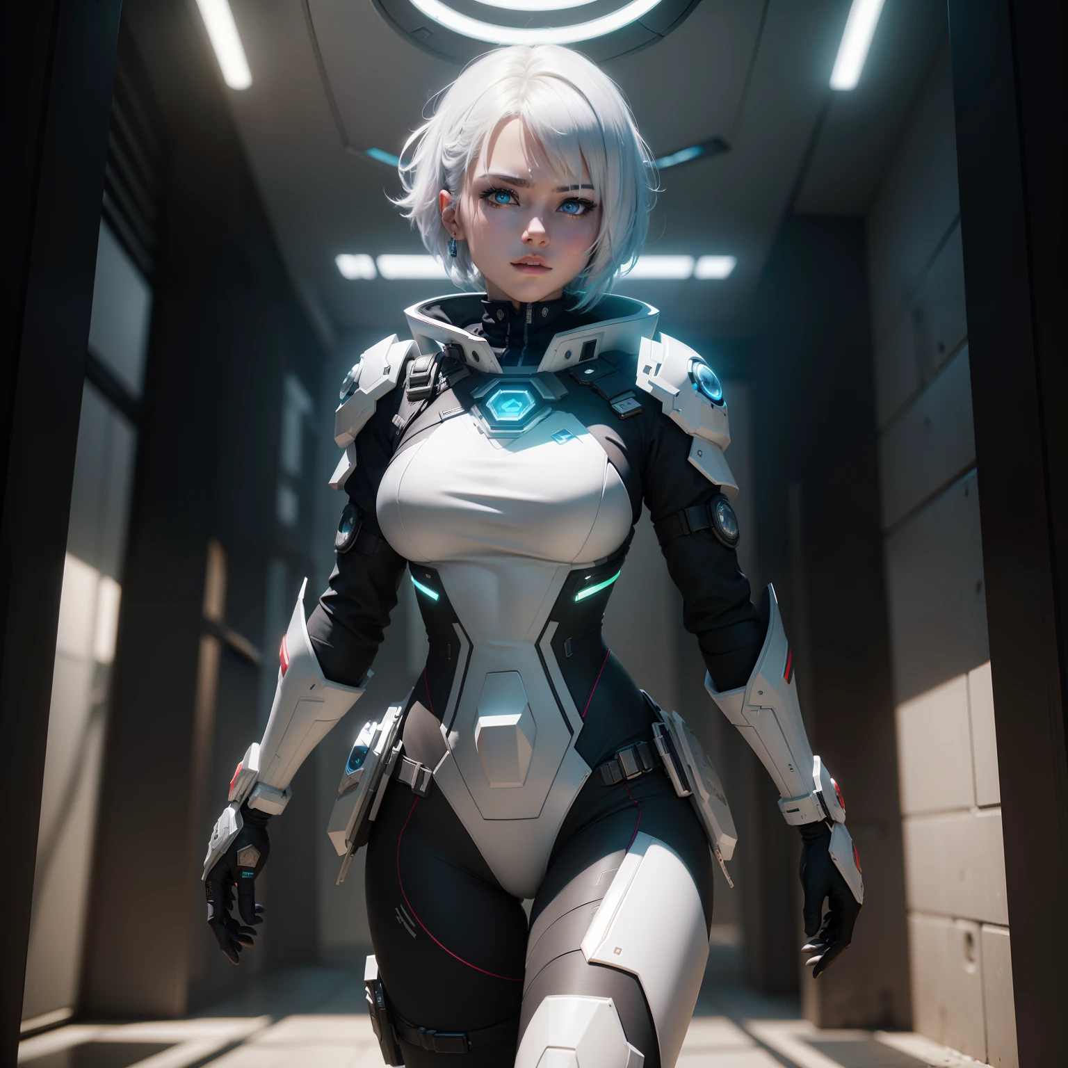 ((best qualtiy)), ((tmasterpiece)), (the detail:1.4), 3D, A beautiful cyberpunk female image,with short white hair,Blue pupil,HDR(HighDynamicRange),Ray traching,NVIDIA RTX,Super-Resolution,Unreal 5,Subsurface scattering、PBR Texture、post-proces、Anisotropy Filtering、depth of fields、maximum definition and sharpness、Many-Layer Textures、Albedo e mapas Speculares、Surface Coloring、Accurate simulation of light-material interactions、perfectly proportions、Octane Render、Two-colored light、largeaperture、Low ISO、White balance、the rule of thirds、8K RAW、