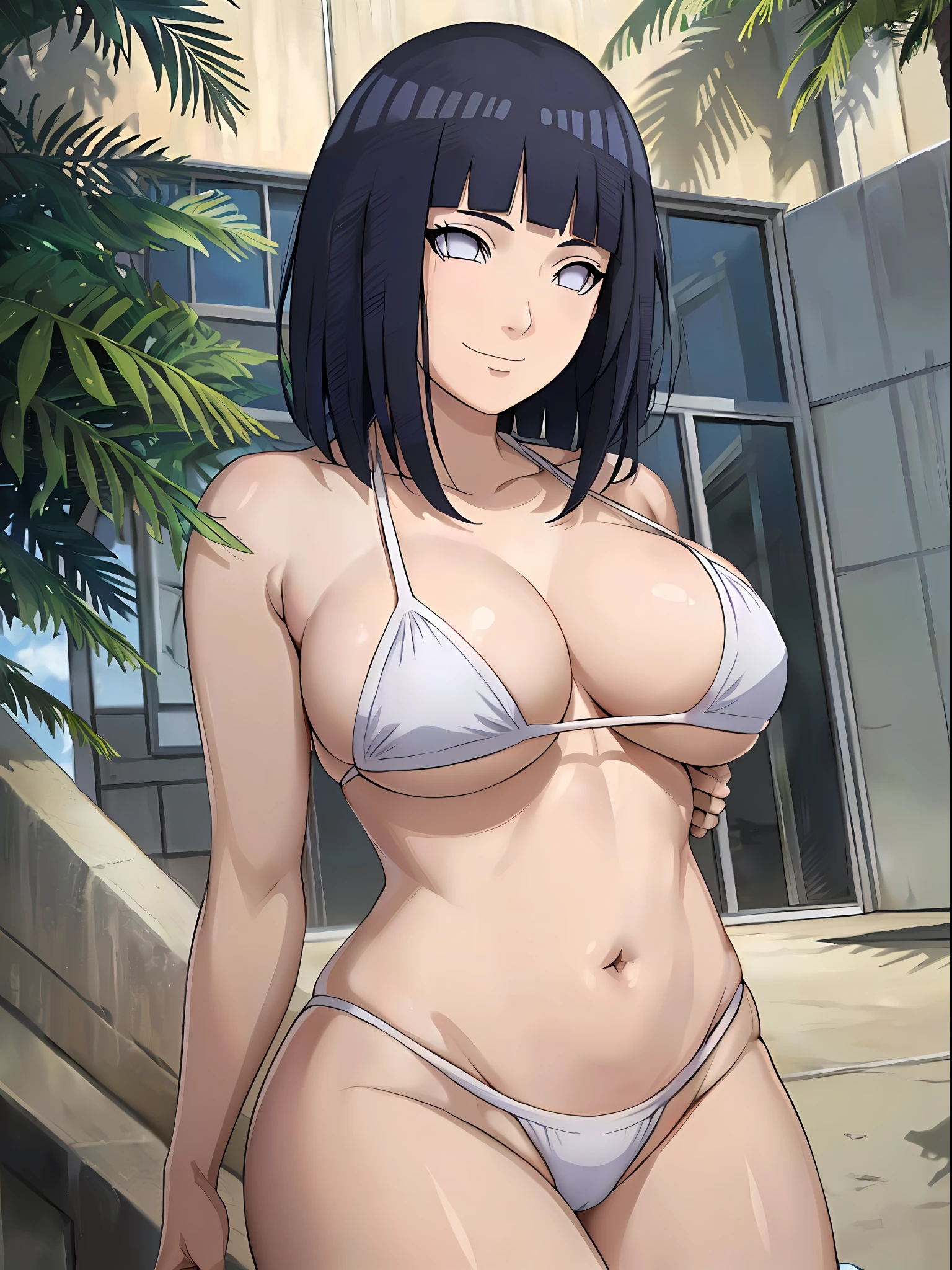 (WALLPAPER, masterpiece, 1k, anime style:1.9, ((inside photo frame), photo, detailed beach background, looking at viewer, big breasts, big boobs, open mouth, high color saturation, bold lines, bold drawing lines, (strong arms, flat belly, groin, hands behind back), detailed bold arm lines), strong arms, strong light on body, plain, bare body, (large breasts, perky boobs), minimum clothing, taking off shirt, bare shoulders, bare chest, polished nails, seductive, (very tight plain white micro bikini), no shirt, showing off), hinata\(boruto\), mature female, sunbathing, milf, (curvy:0.8), solo, (medium hair, hime cut), (dark blue hair color:1.1), white, flat belly, perfect eyes, white sciera, white eyes, anime eyes, smoky eyeliner, eyeshadow, perfect face, shy, sharp focus, professional artwork, intricate details, colorful, vibrant colors, vivid colors, digital blending, ultra detailed body, ultra detail hair, ultra detail face, trending on pixiv, smile, happy, very hot colors, sunny day, outdoor,