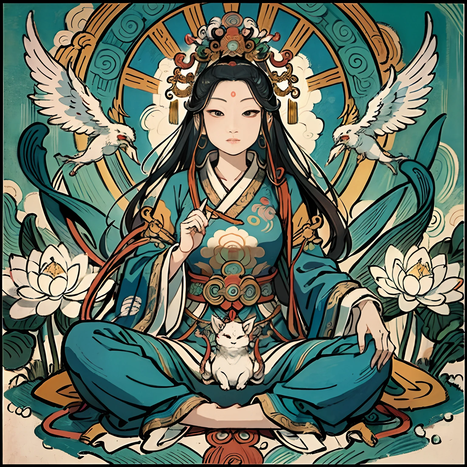 an ancient Chinese goddess, guanyin of the southern seas, Guanyin, Inspired by India, Avalokiteshvara rides a phoenix,,Serene expression,shui mo hua,Buddha,Buddhist,Lotus,Chinese painting style,Thangka style