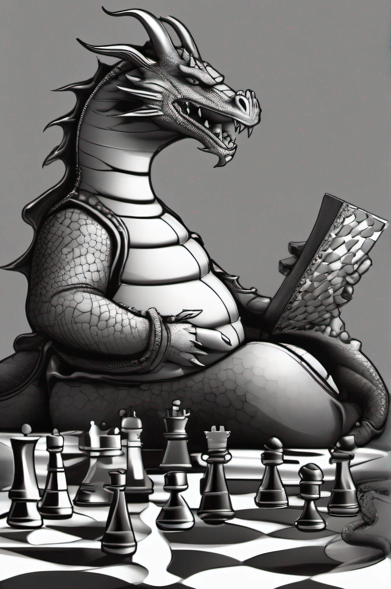 Fat dragon playing chess, preto e branco, 2D