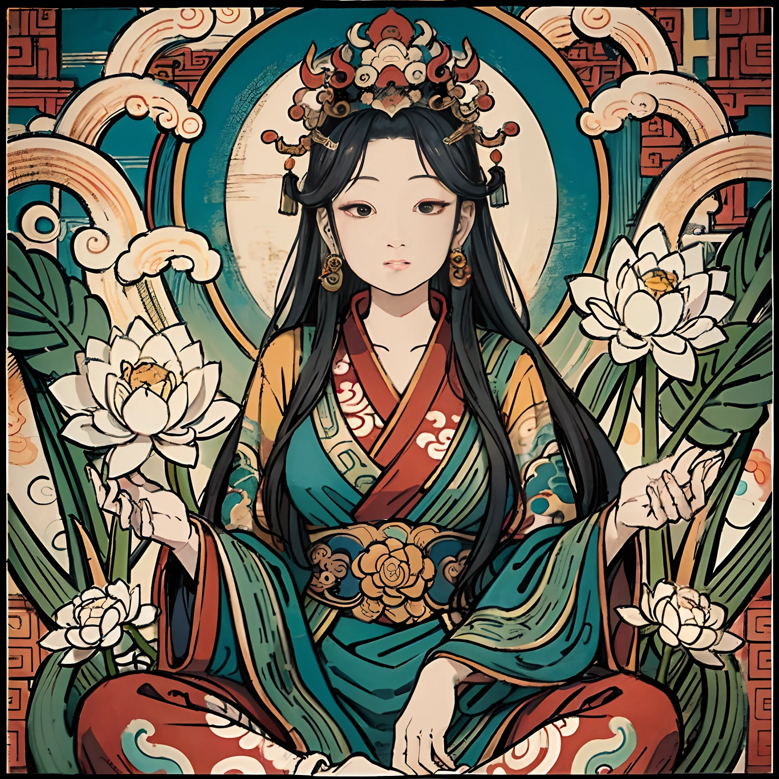 an ancient Chinese goddess, guanyin of the southern seas, Guanyin, Inspired by India, Avalokiteshvara rides a phoenix,,Serene expression,shui mo hua,Buddha,Buddhist,Lotus,Chinese painting style,Thangka style