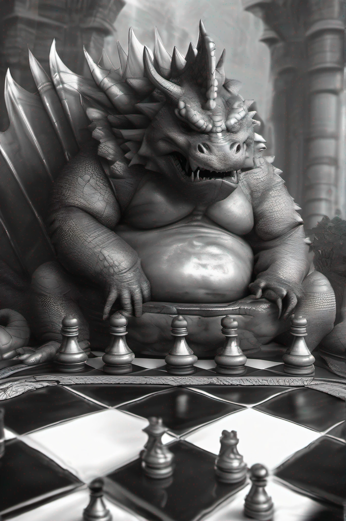 Fat dragon playing chess, preto e branco, 2D